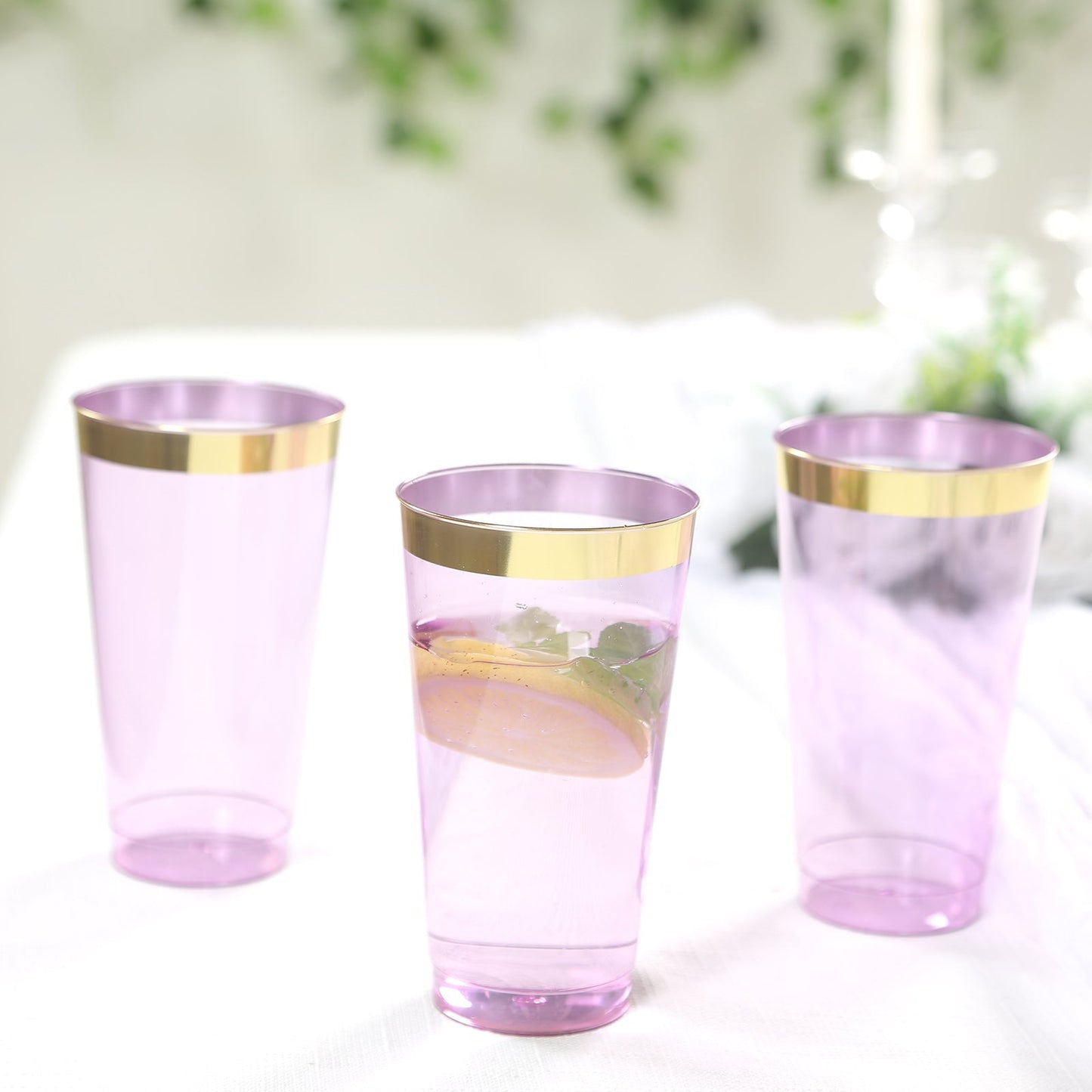 12-Pack Plastic Party Cups Transparent Purple with Gold Rim - Durable Disposable Tumblers for Drinks 17oz 5.5"