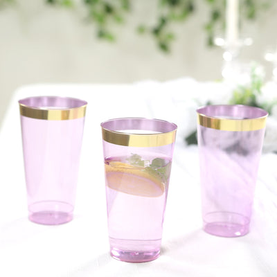 12-Pack Plastic Party Cups Transparent Purple with Gold Rim - Durable Disposable Tumblers for Drinks 17oz 5.5"