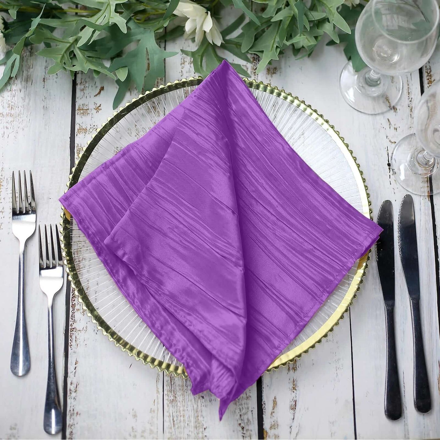 5 Pack Taffeta 20"x20" Napkins Purple - Accordion Crinkle Dinner Napkins