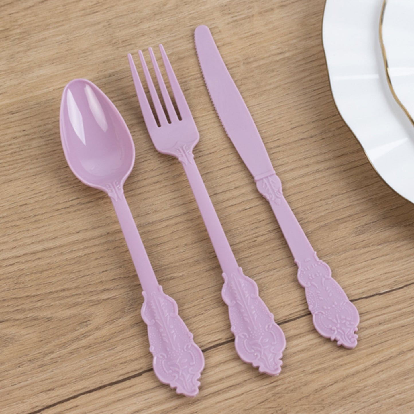 72 Pcs Plastic Silverware Set in Baroque Style Lavender Lilac - Heavy Duty Disposable Knife, Fork, and Spoon Set
