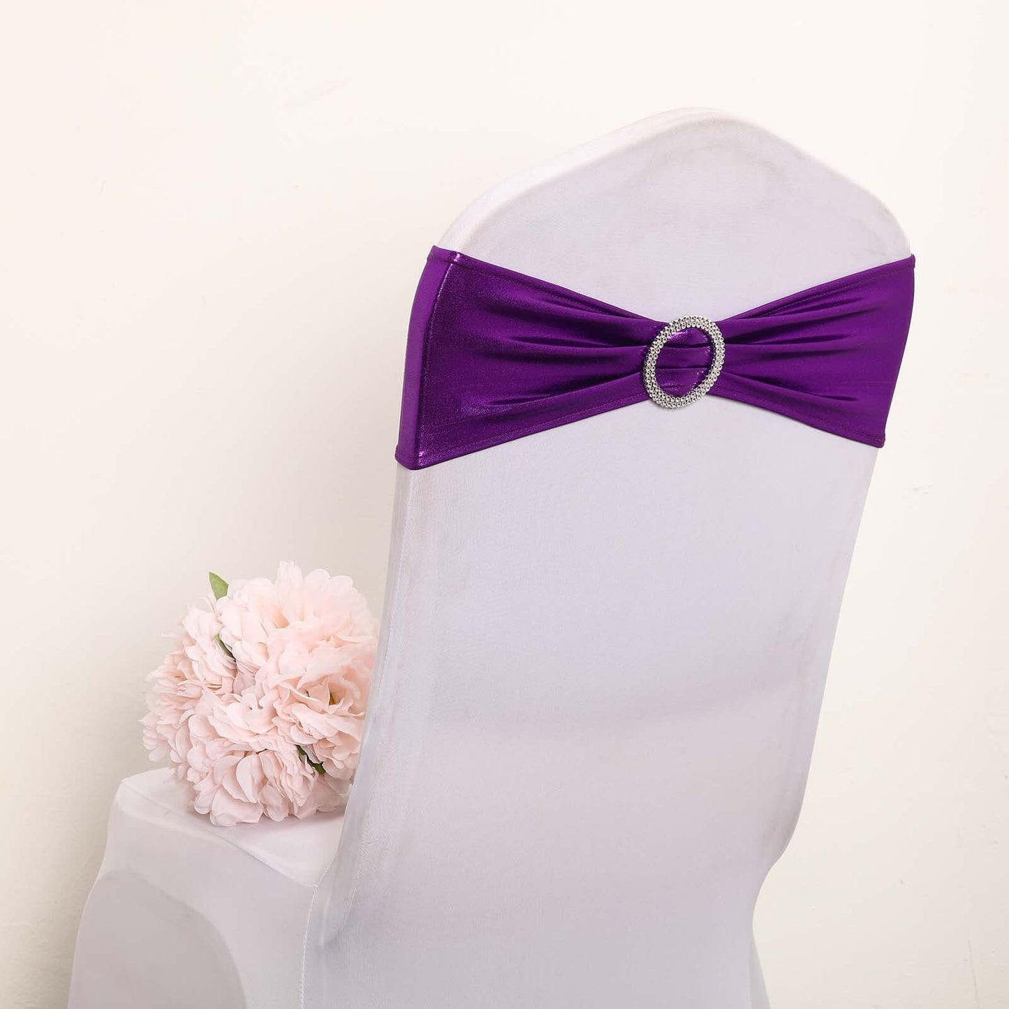 5 Pack Metallic Spandex Chair Sashes Purple - Stretch Fit Chair Bands With Round Diamond Buckles