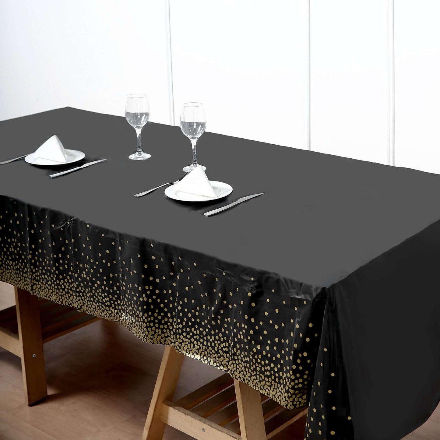 5-Pack Plastic Table Covers Black Rectangle with Gold Confetti Dots - Durable PVC Disposable Tablecloths for Events 54"x108"
