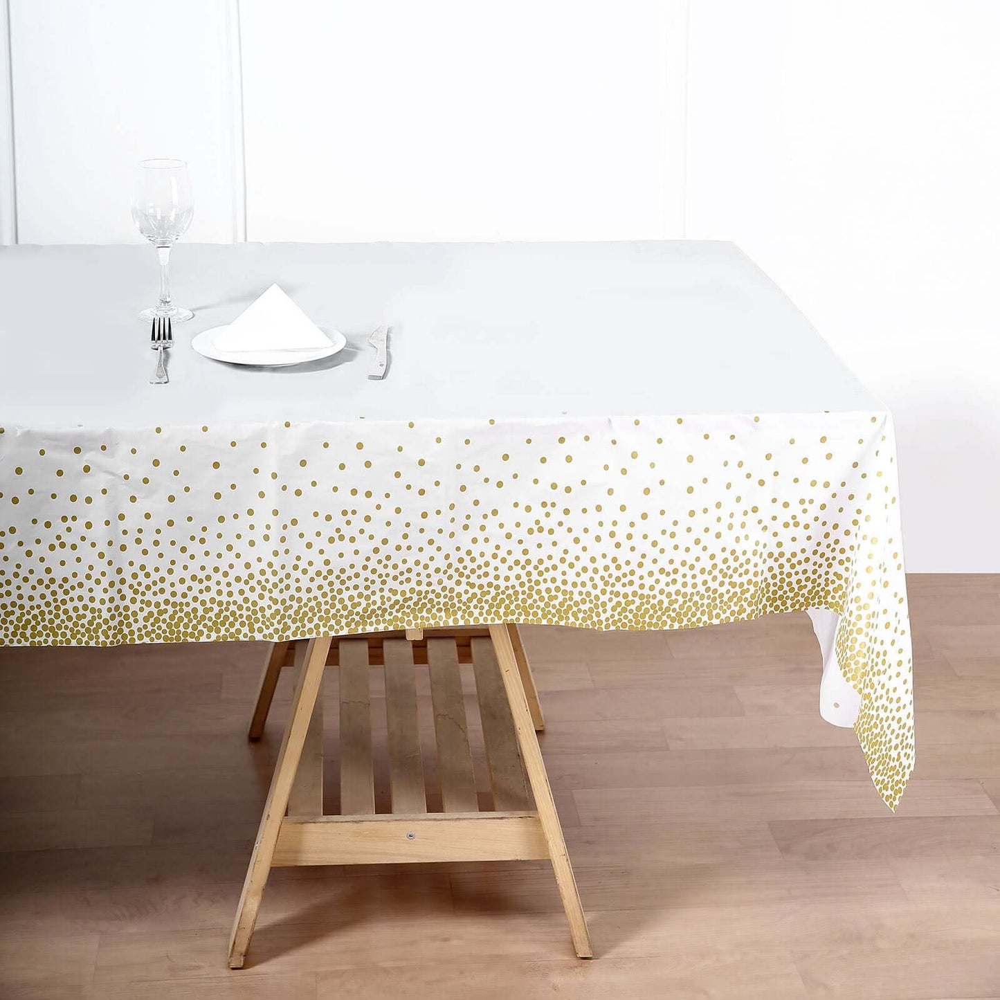5-Pack Plastic Table Covers White Rectangle with Gold Confetti Dots - Durable PVC Disposable Tablecloths for Events 54"x108"