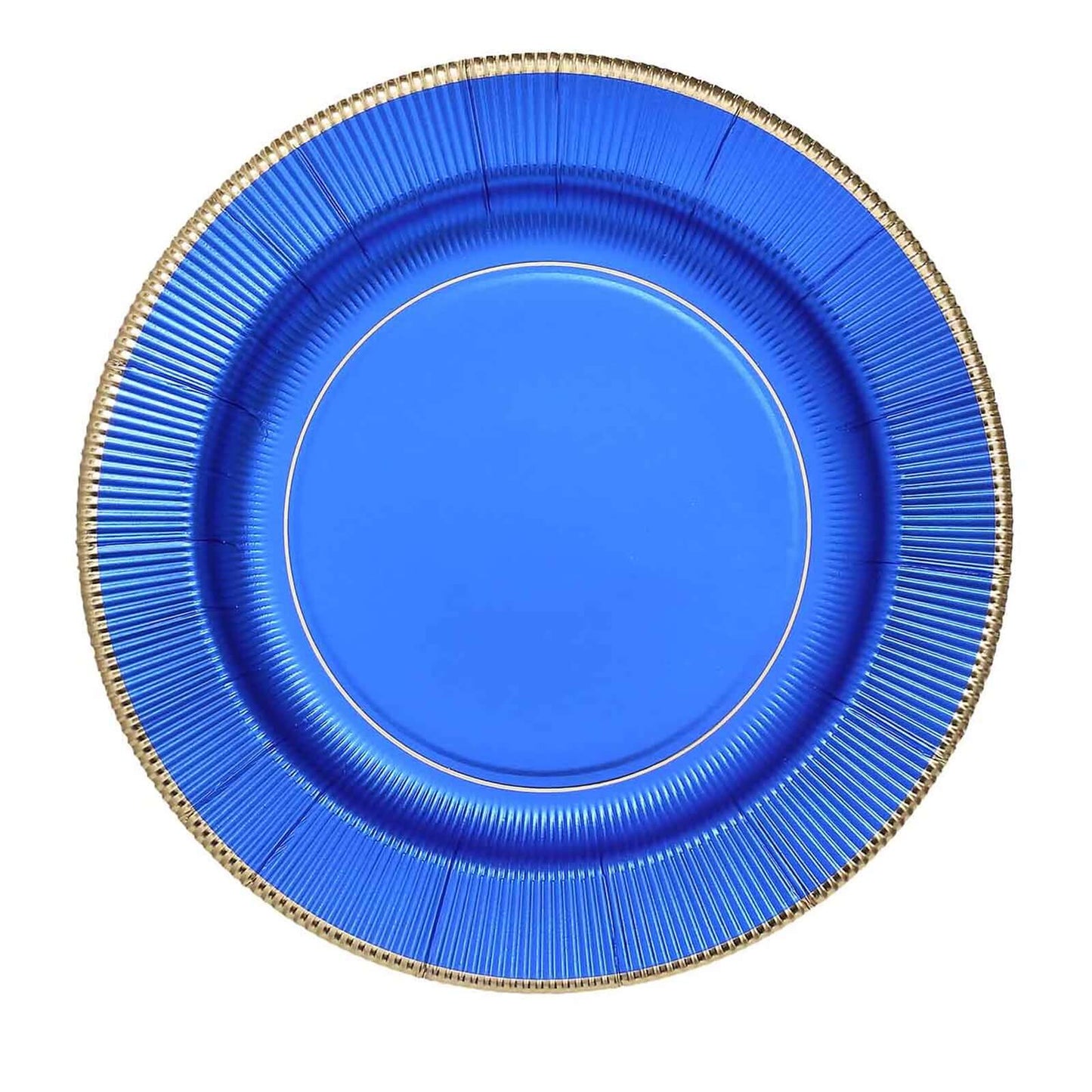 25-Pack Paper 10" Round Dinner Plates in Royal Blue Sunray Design with Gold Rim - Disposable Heavy Duty 350GSM Party Plates