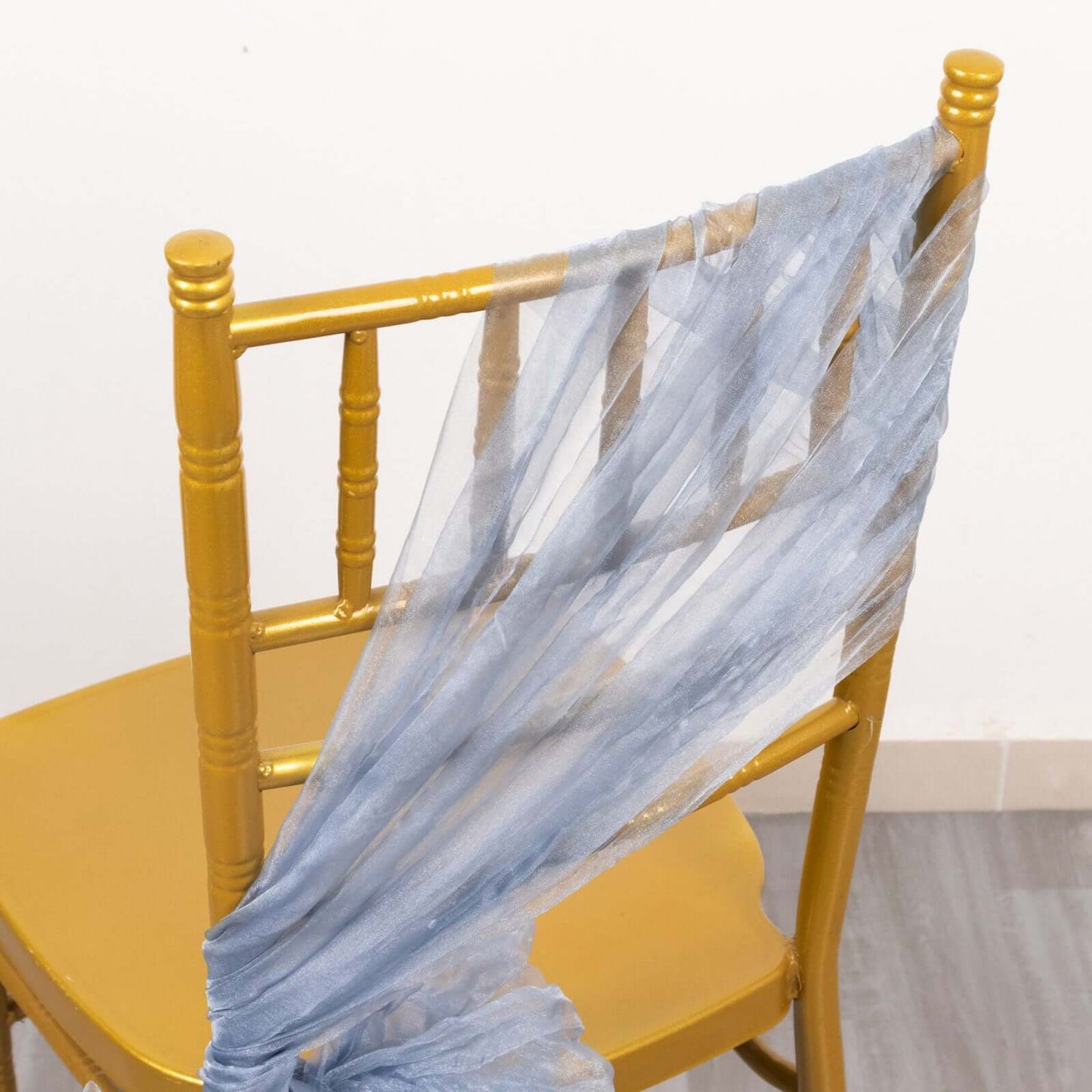 5 Pack Crinkled Organza Chair Sashes Dusty Blue with Shimmer Chiffon Layers - Stylish Sheer Decor