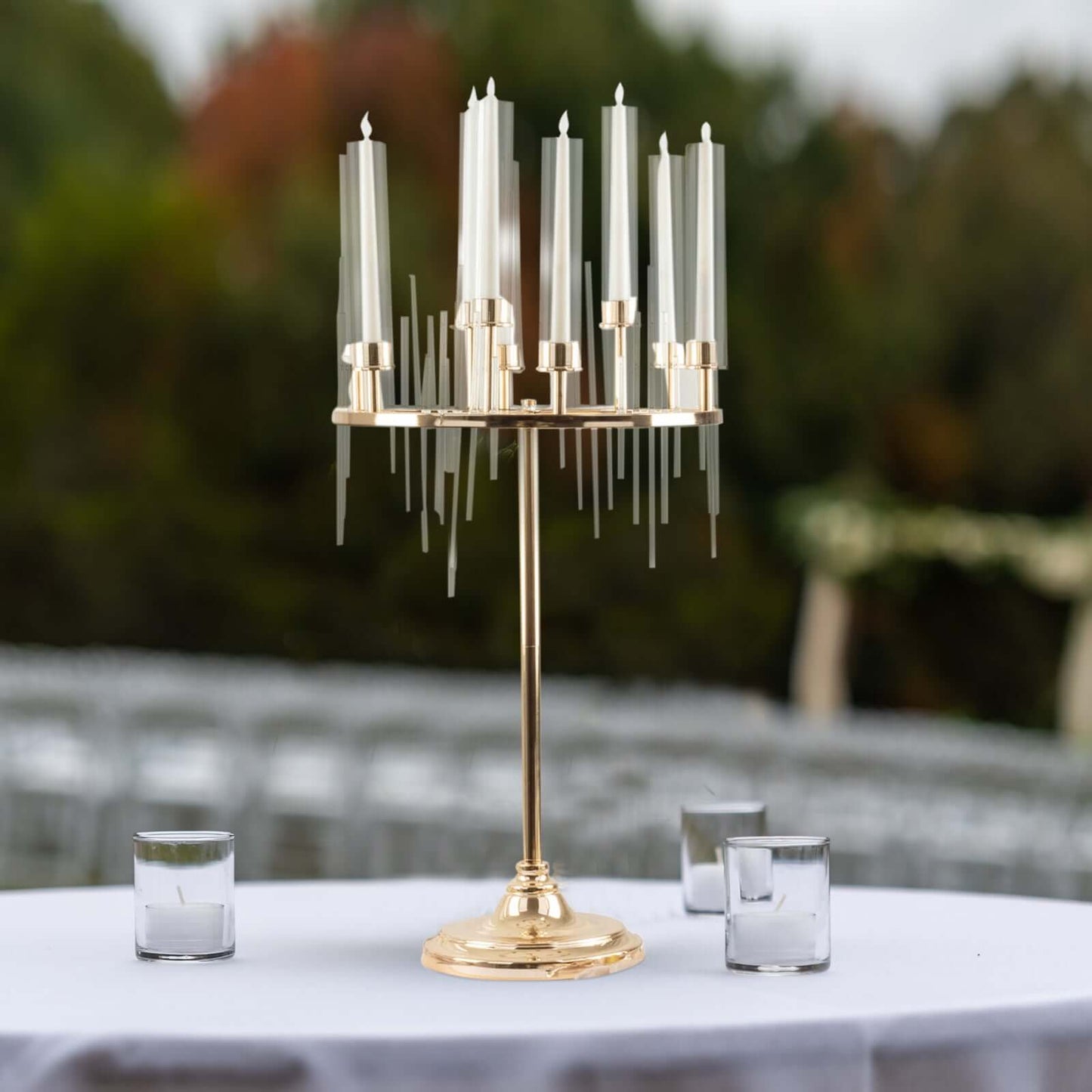 Metal 9-Arm Round Cluster Taper Candelabra Table Centerpiece Gold - Candlestick Holder Table Centerpiece With Drip Accents and Clear Glass Shades 40"