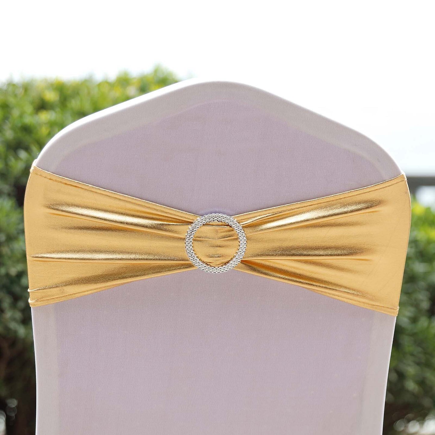 5 Pack Metallic Spandex Chair Sashes Gold - Stretch Fit Chair Bands With Round Diamond Buckles for Glamorous Event Decor