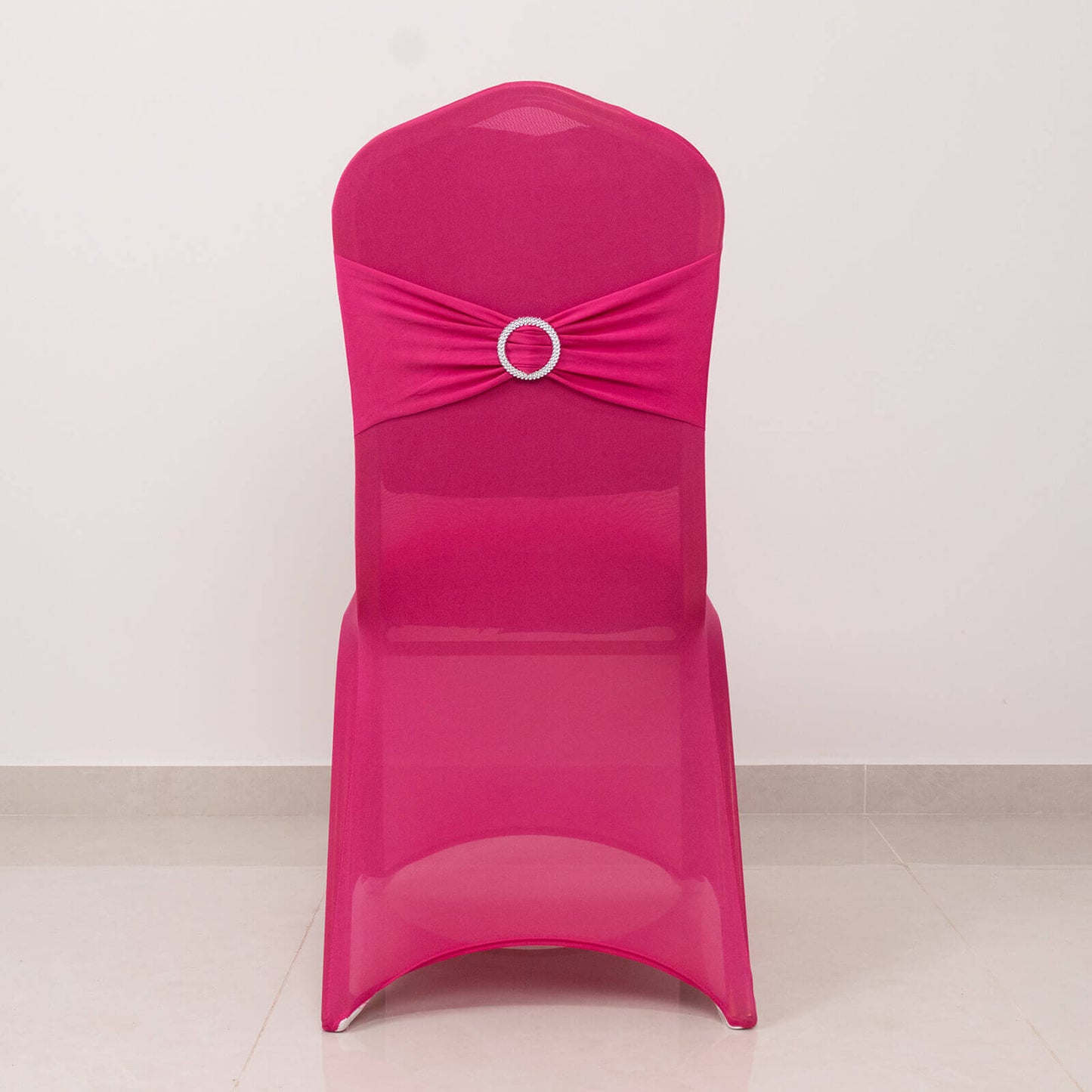 Spandex Chair Cover with Silver Rhinestone Buckled Sash Band Fuchsia - Stretch Fitted Slipcover