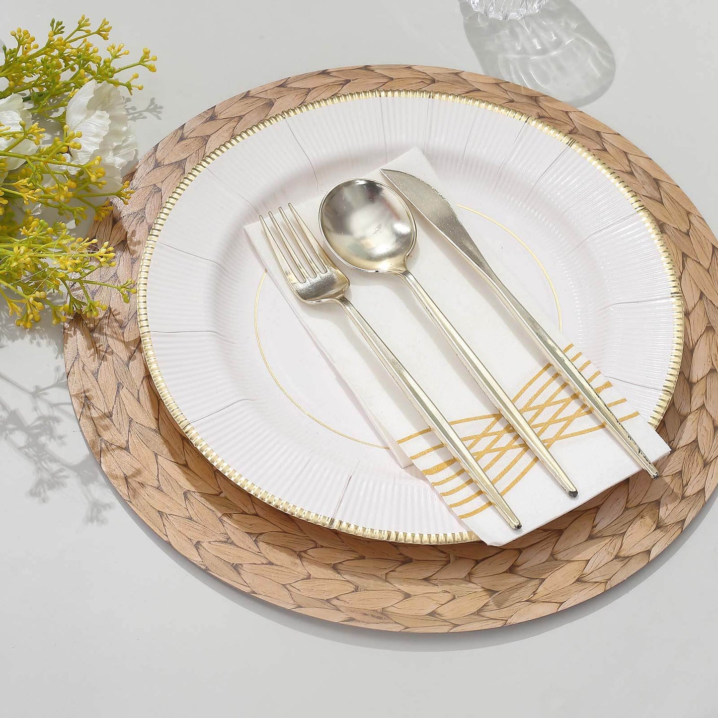 6-Pack Disposable Table Placemats in Natural with Woven Rattan Print - 700GSM Cardboard Placemats for Rustic Themes & Outdoor Events 13"