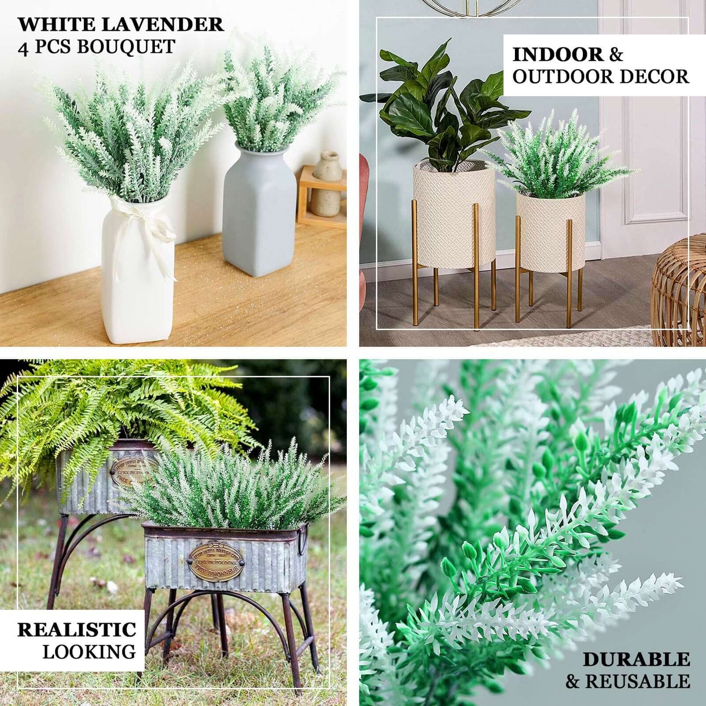 4 Bushes 14" Green White Artificial Lavender Flower Plant Stems Greenery