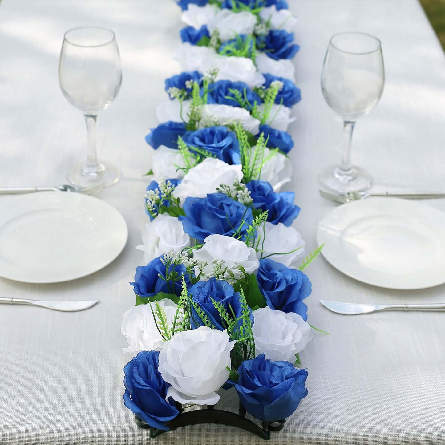 6 Pack White Royal Blue Silk Rose Flower Panel Table Runner, Artificial Floral Arrangements Wedding Table Centerpiece - 20"x8"
