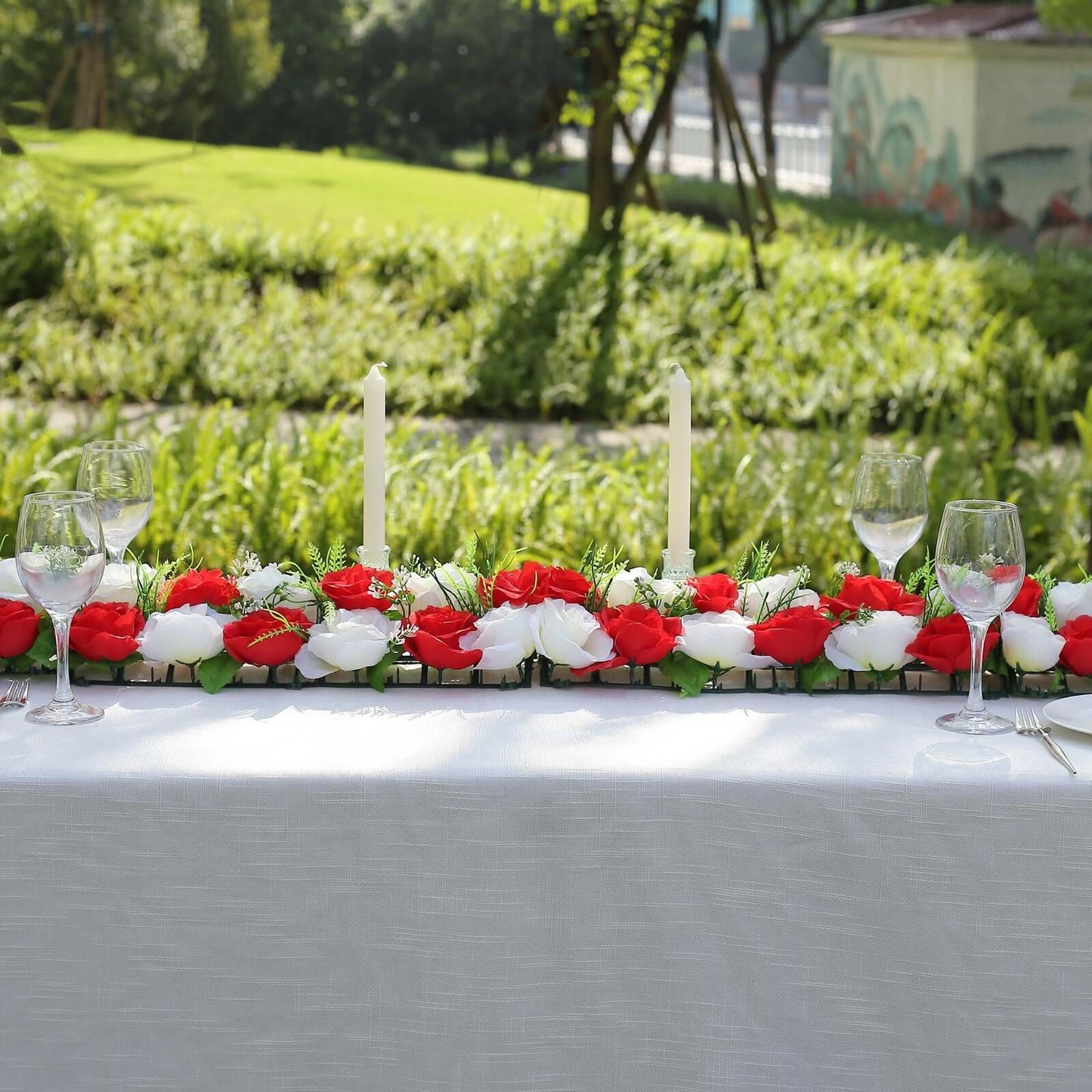 6 Pack Red Ivory Silk Rose Flower Panel Table Runner, Artificial Floral Arrangements Wedding Table Centerpiece - 20"x8"