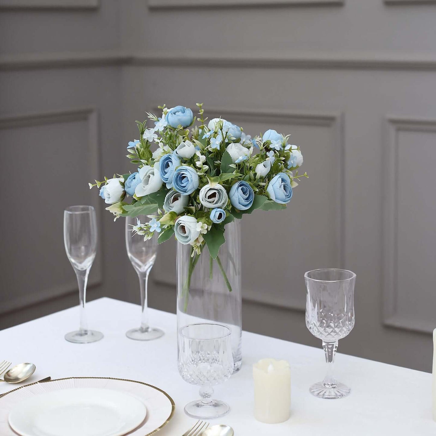 4 Pack 12" Artificial Dusty Blue Ranunculus Silk Flower Bridal Bouquets, Faux Buttercup Floral Arrangement