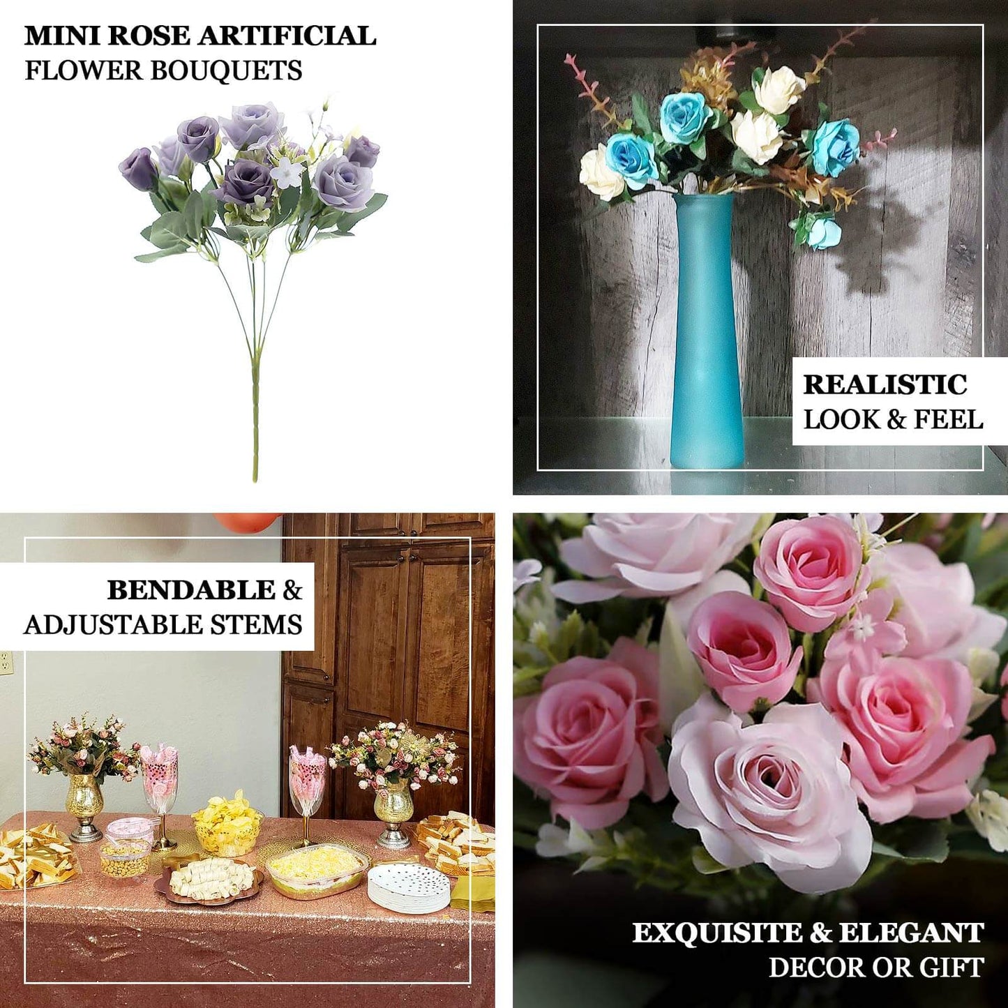 4 Bushes 12" Navy Blue Real Touch Artificial Silk Rose Flower Bouquet, Faux Bridal Flowers