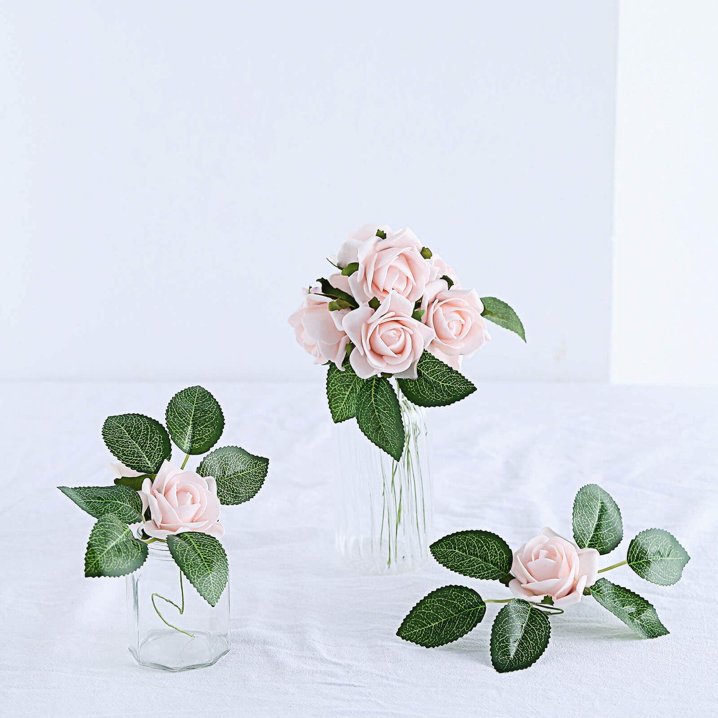 24 Roses 2" Blush Artificial Foam Flowers With Stem Wire and Leaves