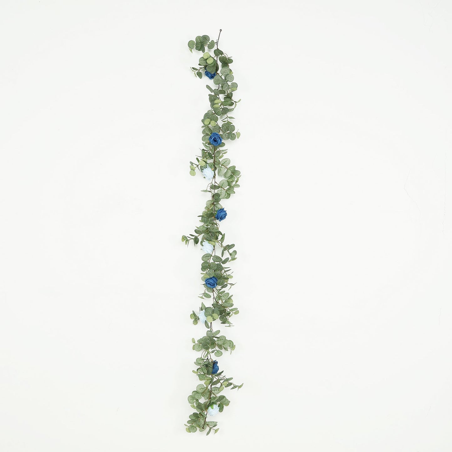 6ft Artificial Eucalyptus Garland with Royal Blue/Light Blue Silk Roses â€“ Faux Greenery Vine