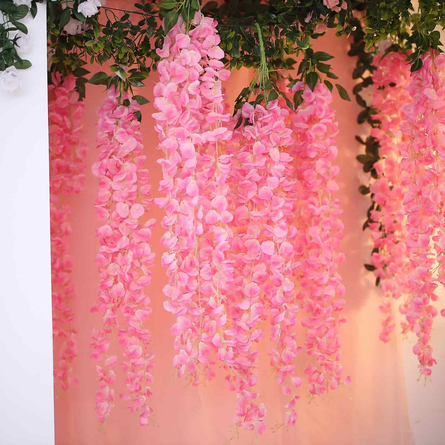42" Silk Hanging Wisteria Flower Garland Vines in Pink, Elaborated 5 Full Strands in 1 Bush