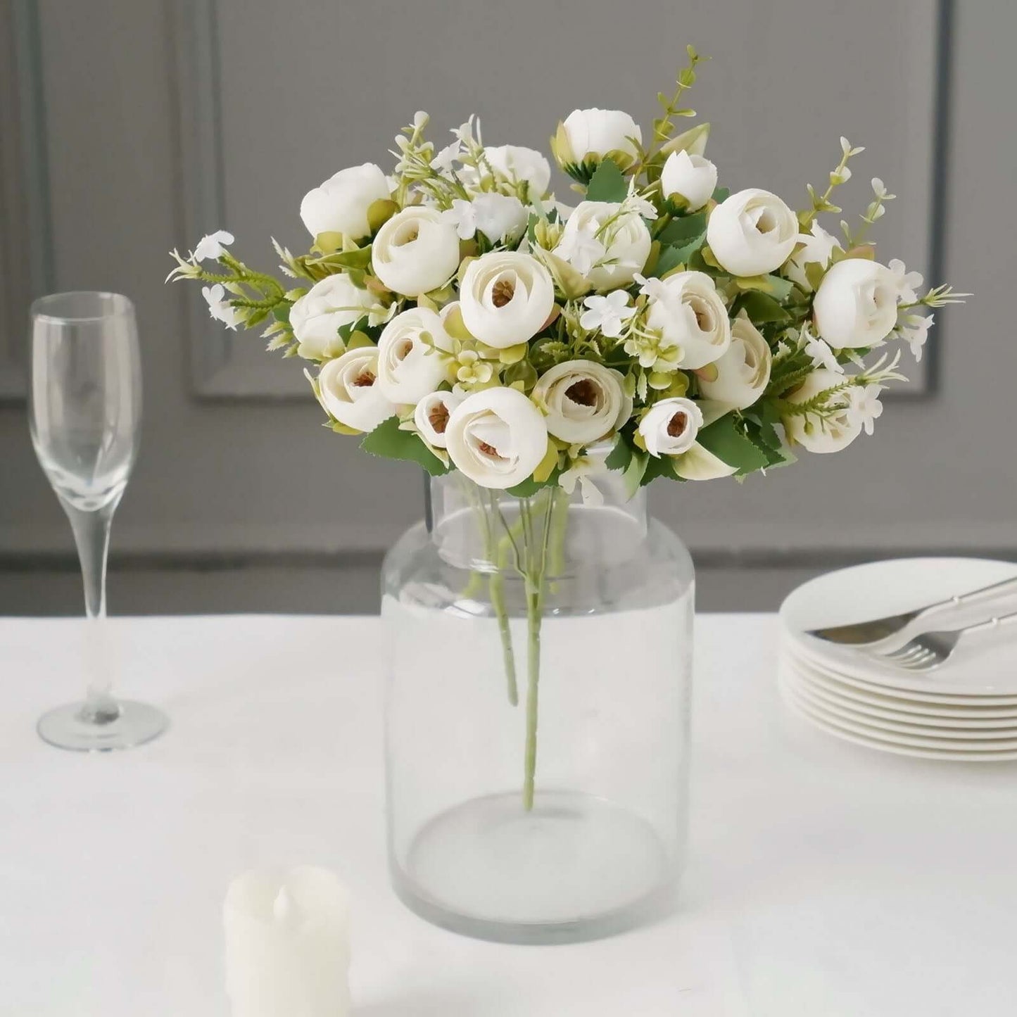 4 Pack 12" Artificial Ivory Ranunculus Silk Flower Bridal Bouquets, Faux Buttercup Floral Arrangement