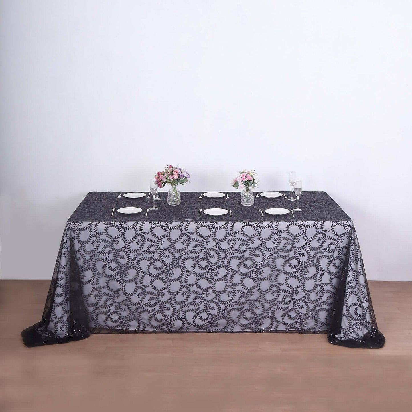 Tulle 90"x156" Rectangle Tablecloth Black - Sequin Leaf Embroidered Table Cover