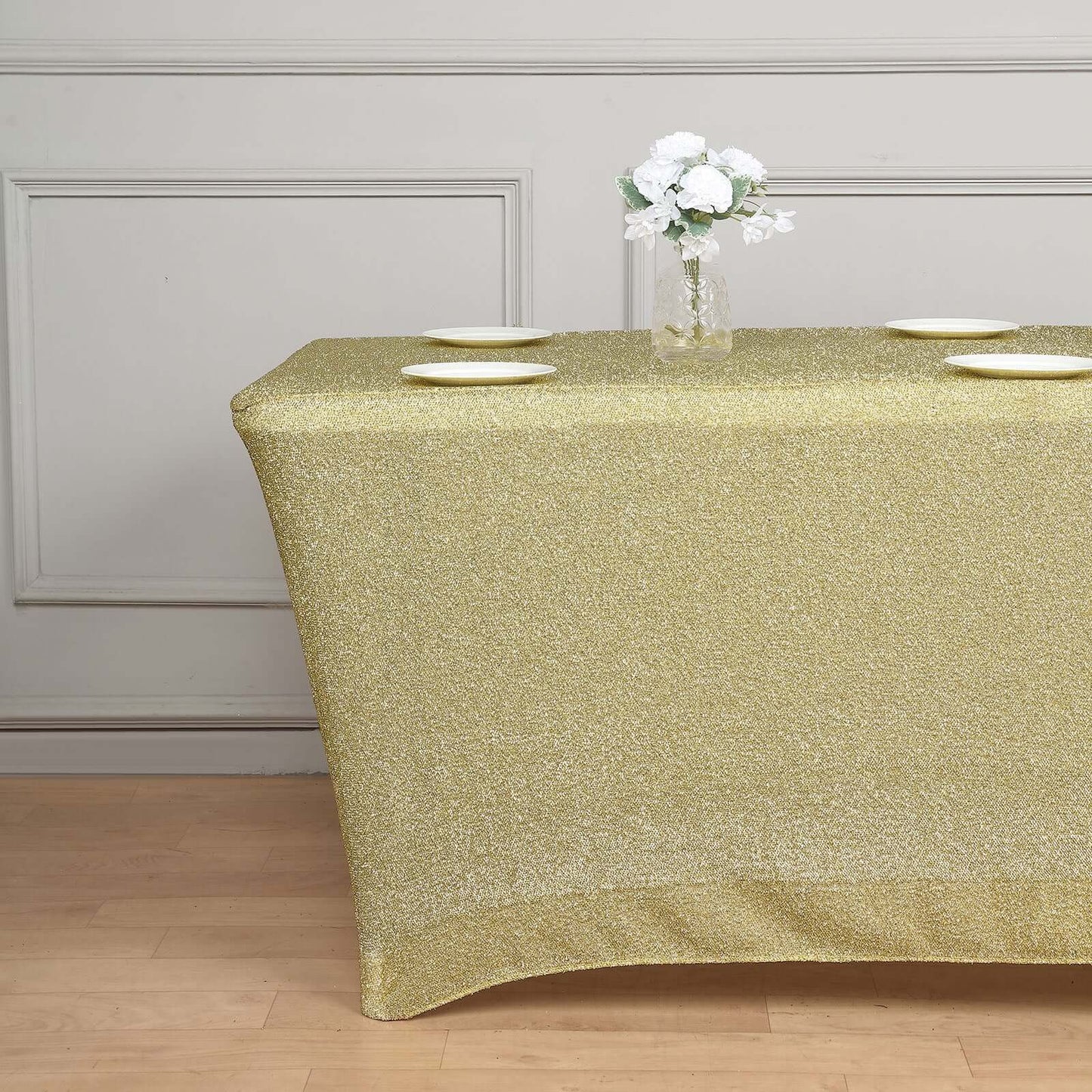 Shimmer Tinsel Spandex 72"x30" Rectangle Tablecloth Metallic Champagne Glittered Shiny Stretch Table Cover