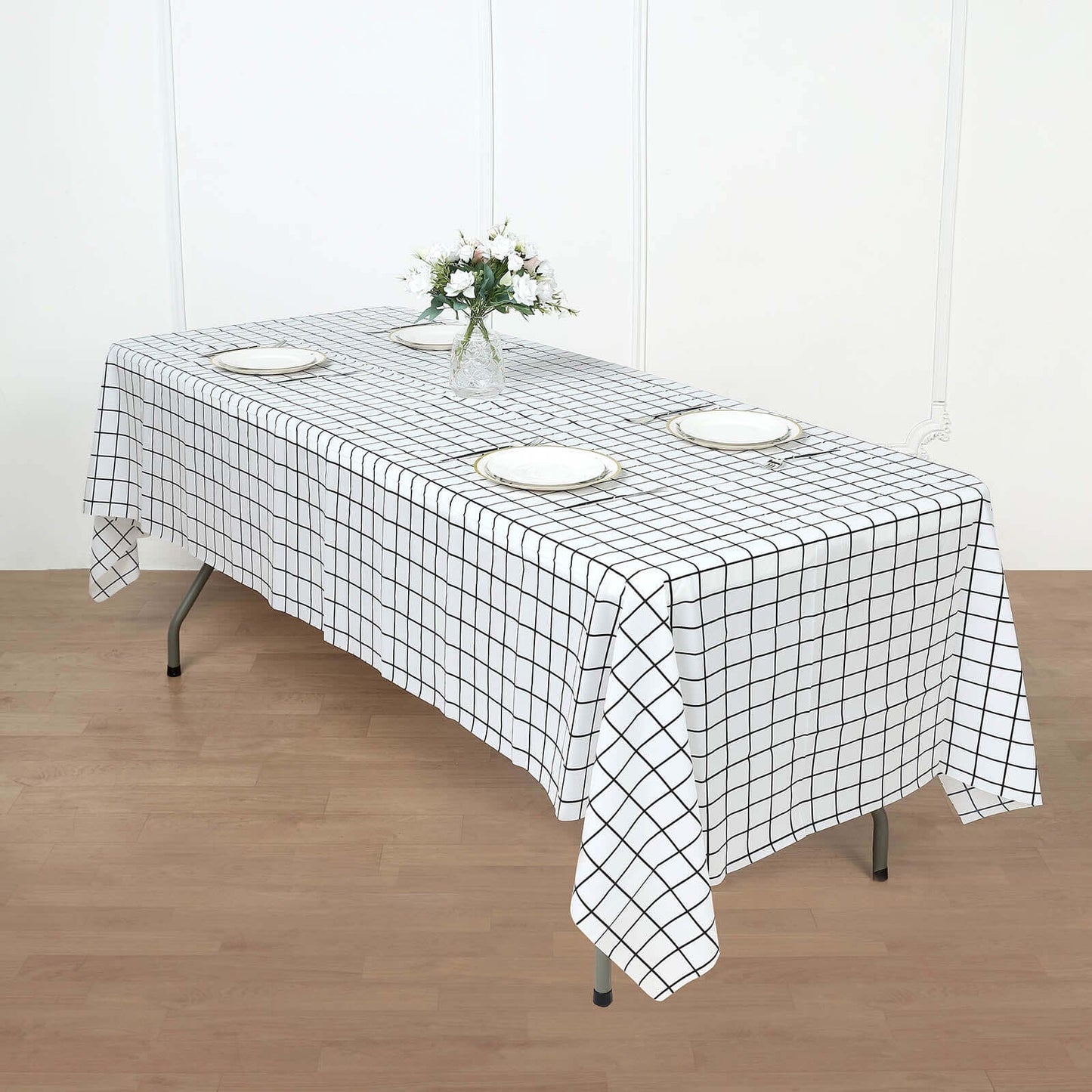 5-Pack Plastic Table Covers Black/White Grid Rectangle - Durable Checkered PVC Disposable Tablecloths 54"x108"