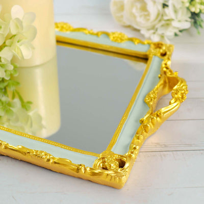 Resin Mirrored Rectangle Serving Tray 15"x10" in Mint Green with Gold Baroque Design, Stylish Decorative Vanity Tray Centerpiece