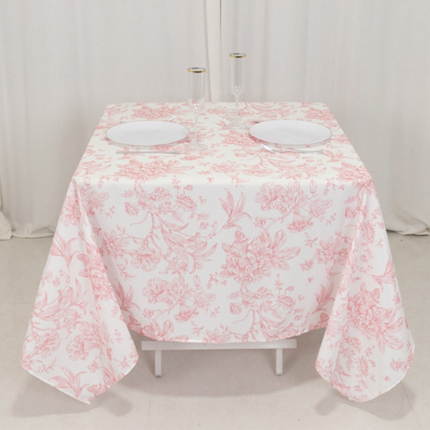 Polyester 70"x70" Table Overlay White - Pink French Toile Pattern for Refined Gatherings