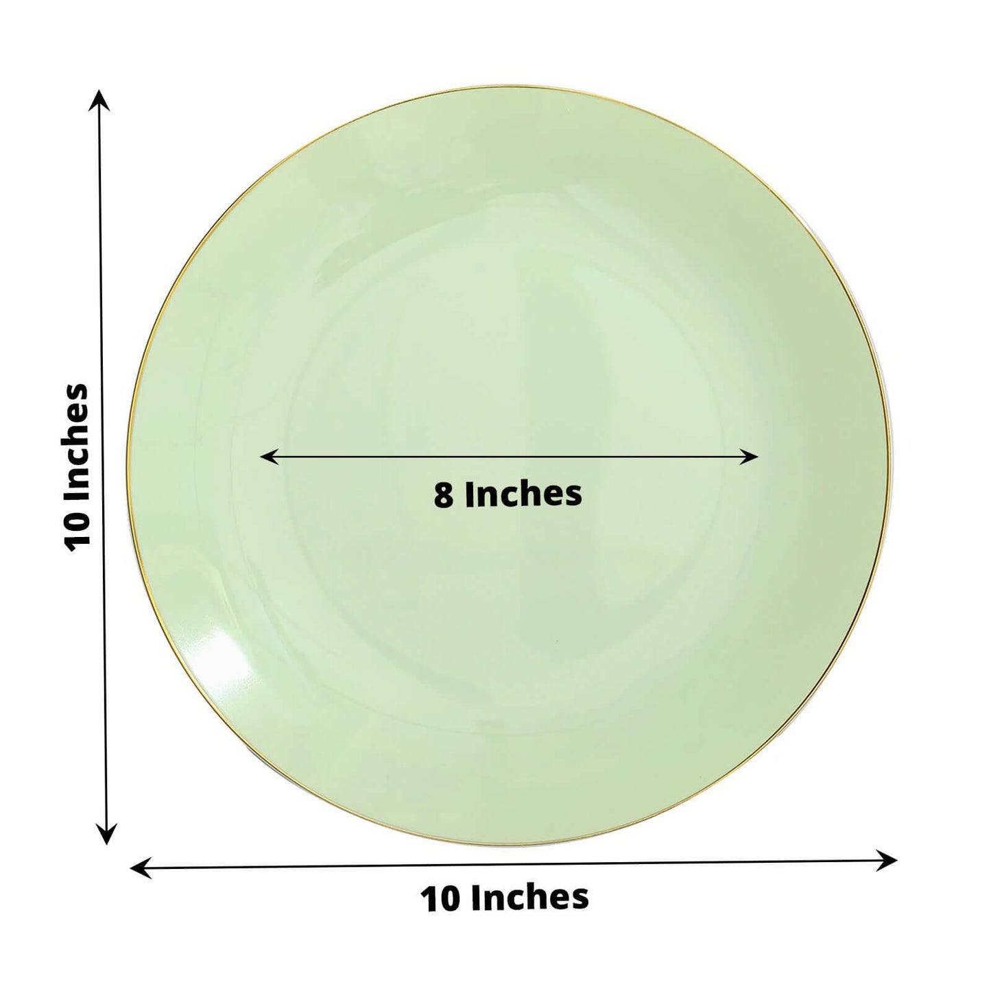 10-Pack Plastic 10" Round Dinner Plates in Sage Green with Gold Rim - Glossy Disposable Party Plates