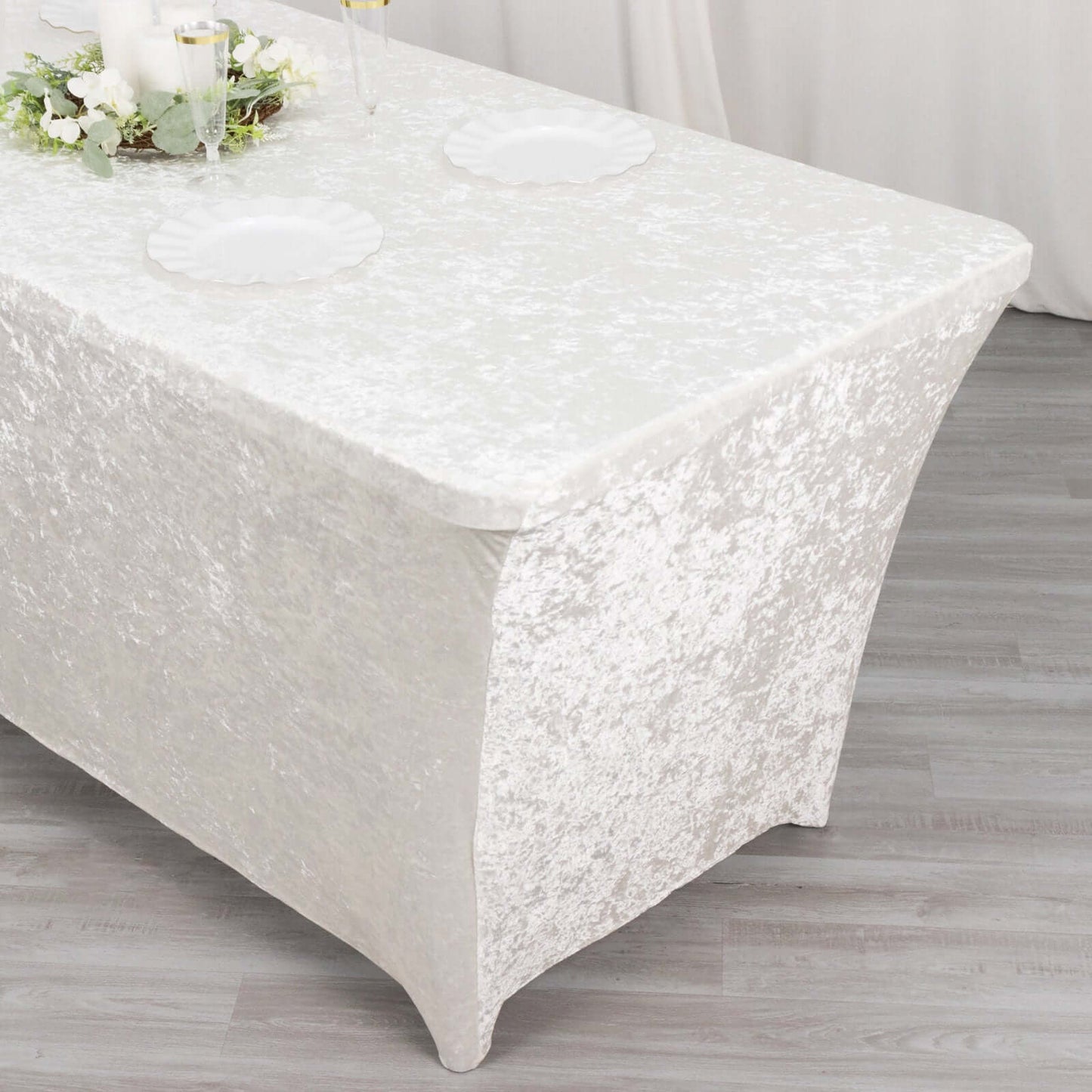 Crushed Velvet Fitted Rectangular 6ft Table Cover White - Wrinkle-Free Stretchy Tablecloth for Weddings and Banquets