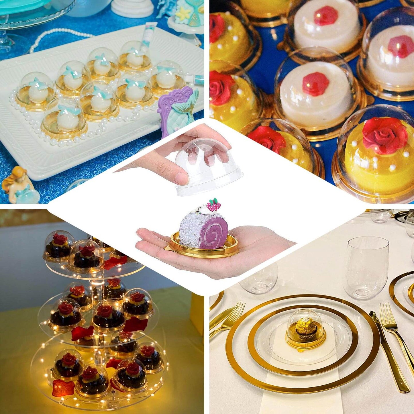 50-Pack Favor Containers Round Dome Design Gold and Clear - Plastic Party Boxes for Cupcakes and Sweets 3"
