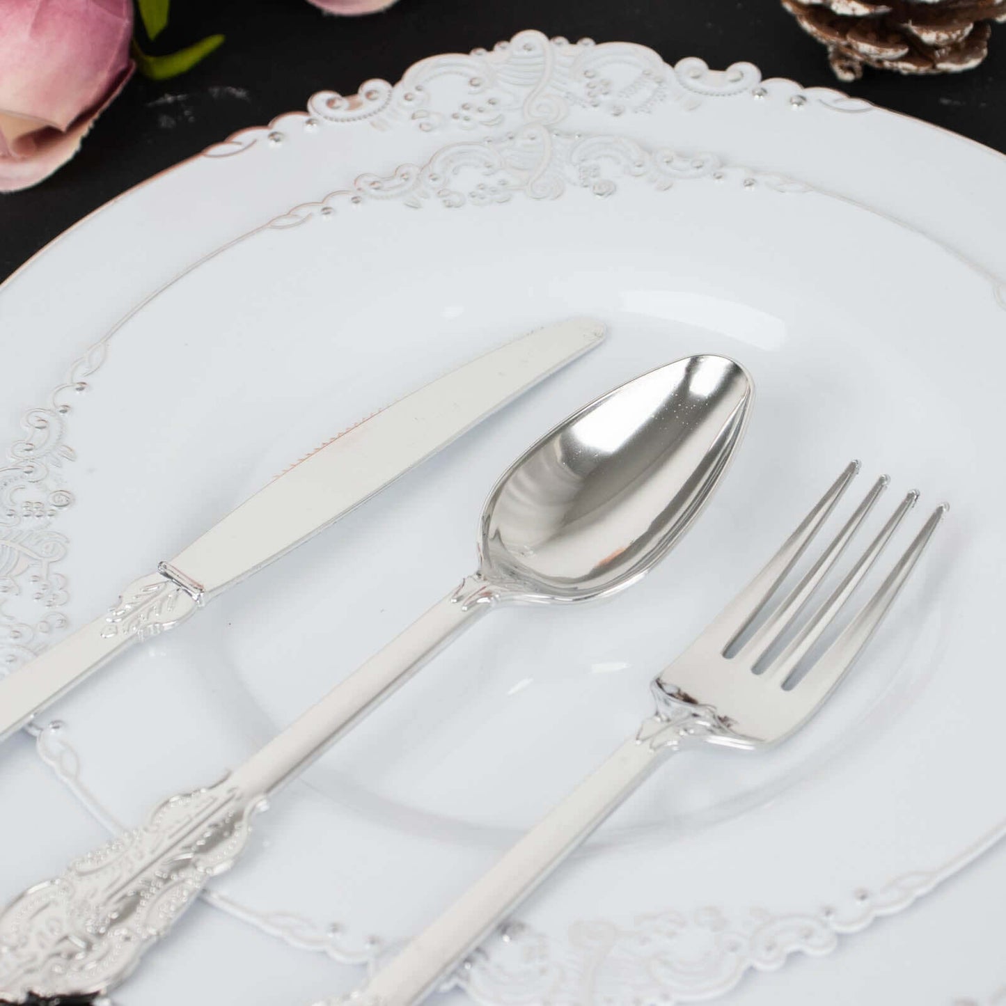 24 Pcs Plastic Silverware Set in Baroque Style Metallic Silver - Heavy Duty Disposable Knife, Fork, and Spoon Set