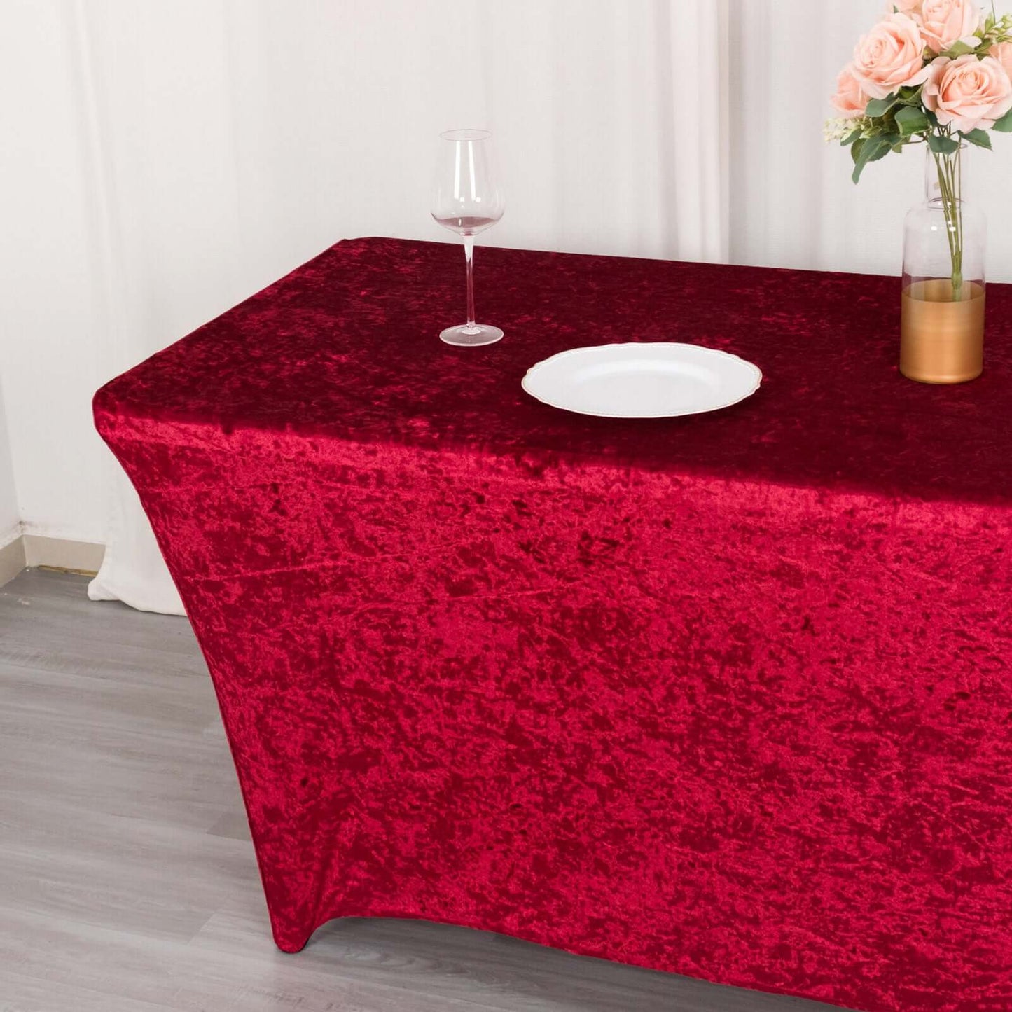 Crushed Velvet Fitted Rectangular 6ft Table Cover Red - Wrinkle-Free Stretchy Tablecloth