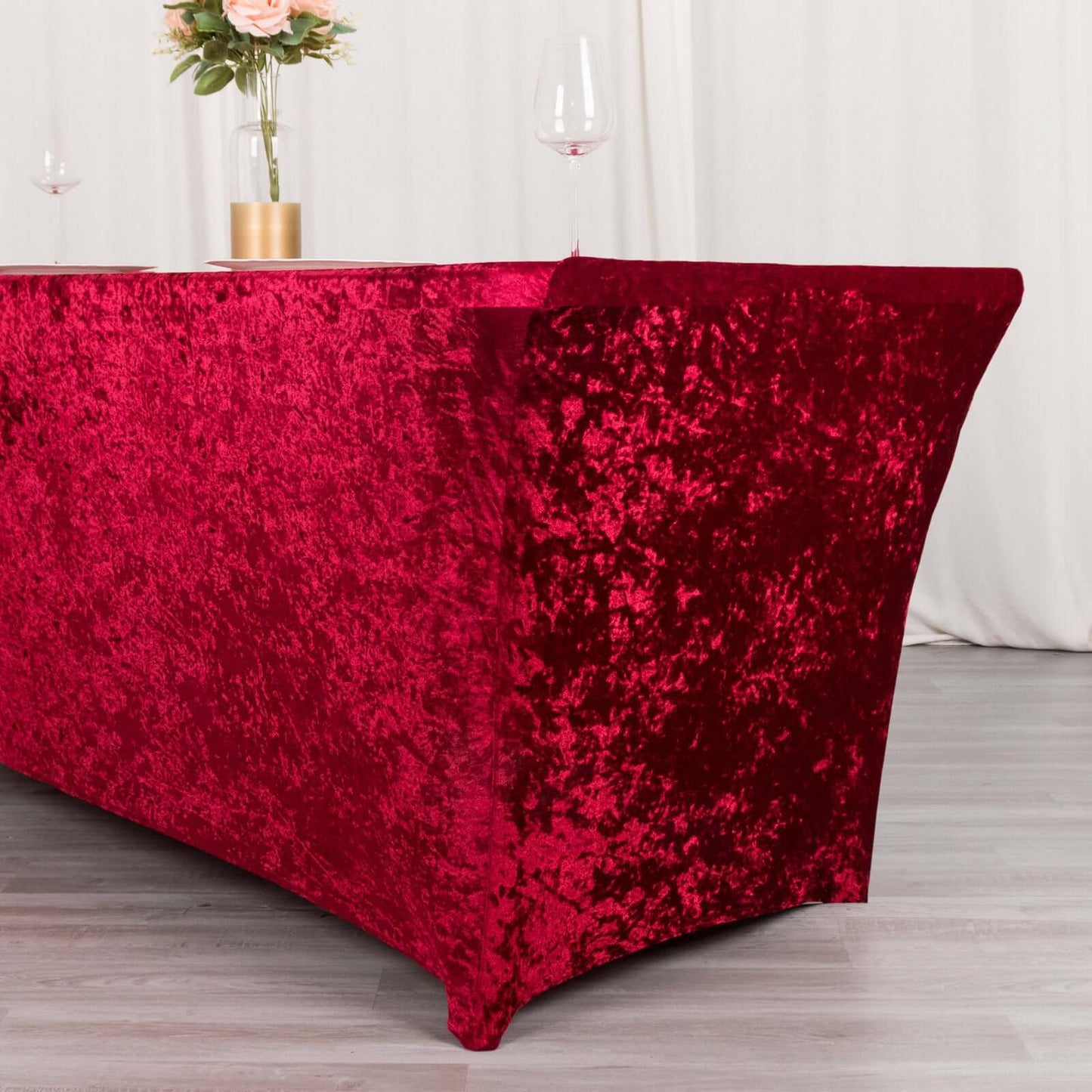 Crushed Velvet Fitted Rectangular 6ft Table Cover Red - Wrinkle-Free Stretchy Tablecloth