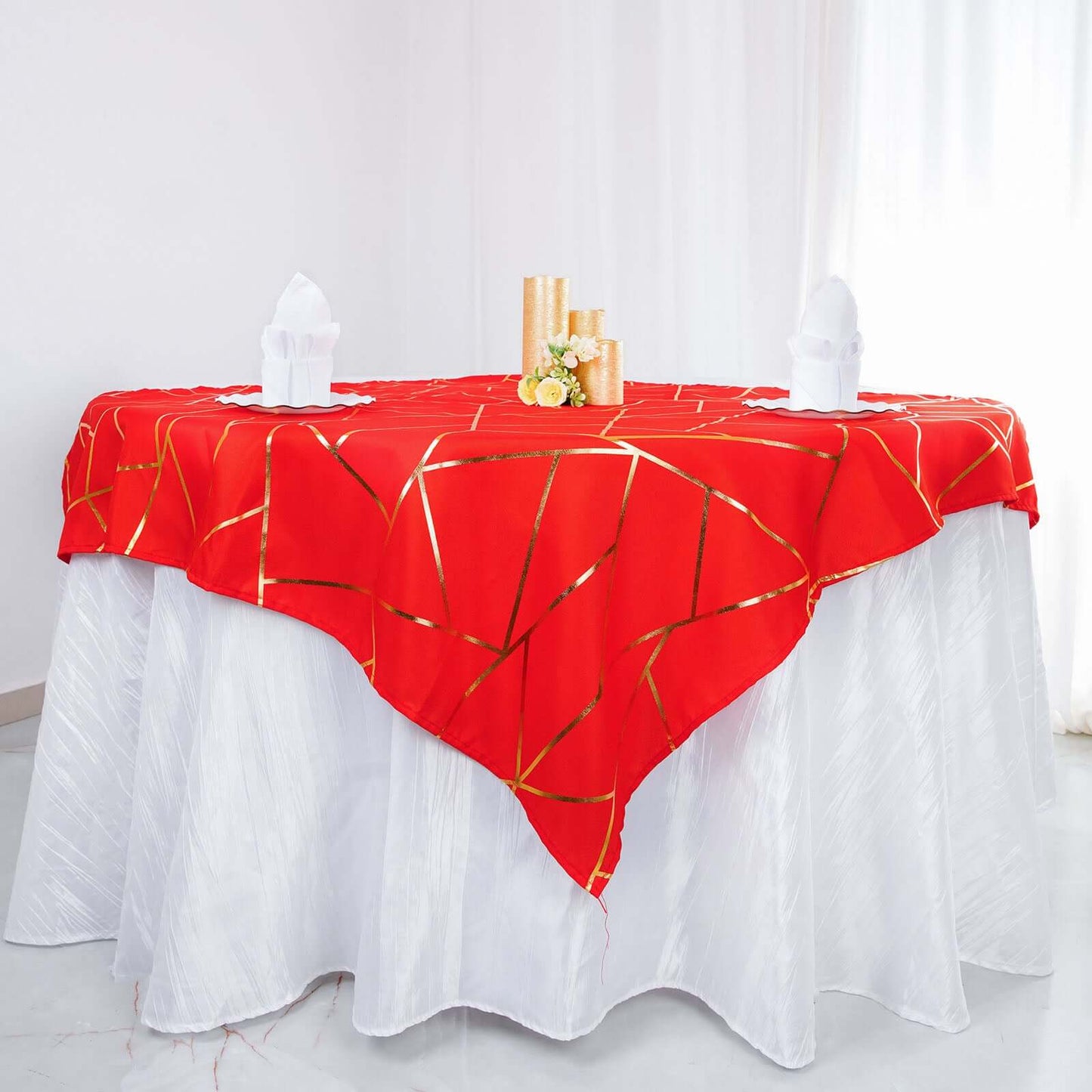 Polyester 54"x54" Table Overlay Square Tablecloth Red with Gold Foil Geometric Pattern - Wrinkle-Resistant & Durable Table Topper
