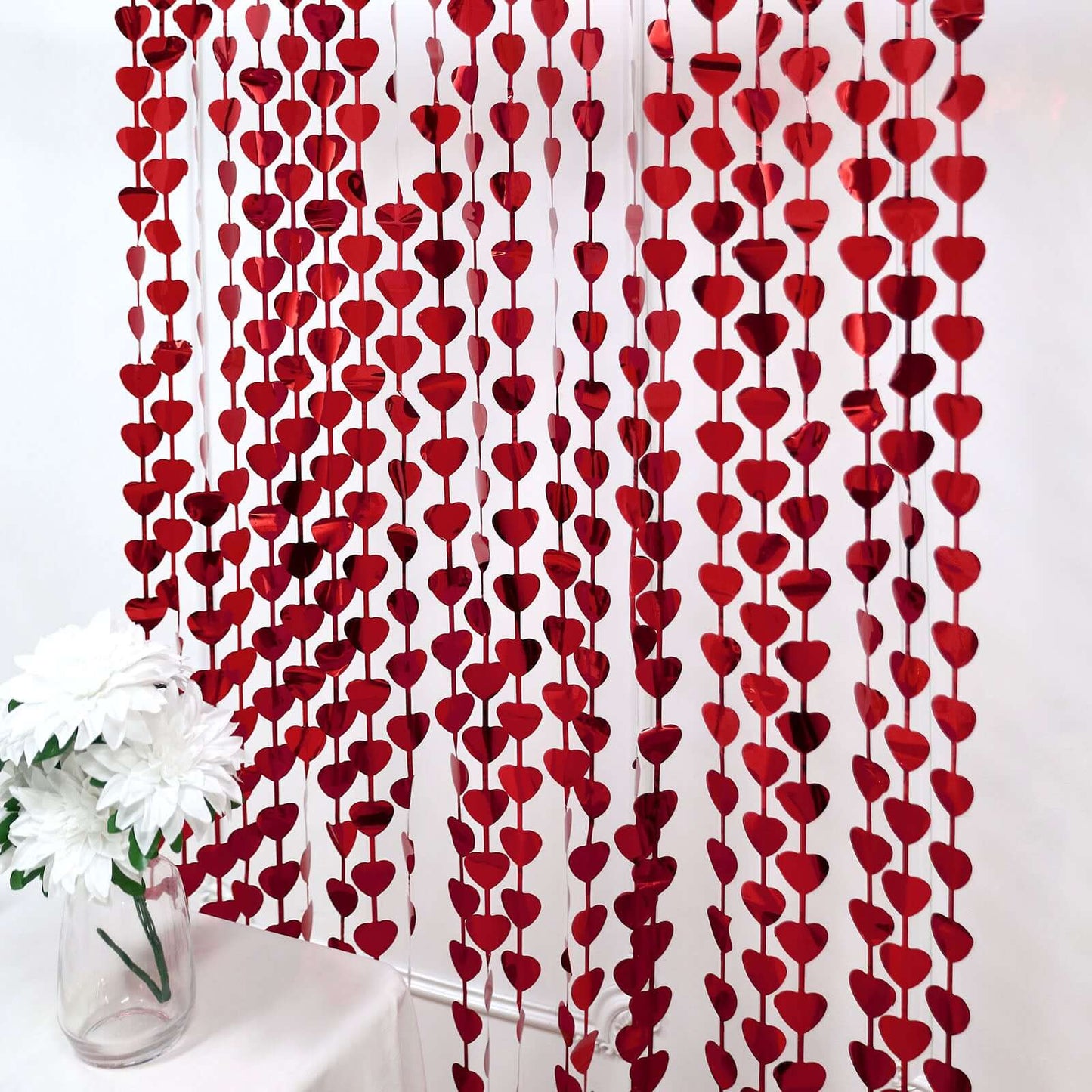 Red Heart Chain Foil Fringe Curtain Party Backdrop, Metallic Red Tinsel Streamer Party Decor - Door Window Foil Curtain - 3ftx6.5ft