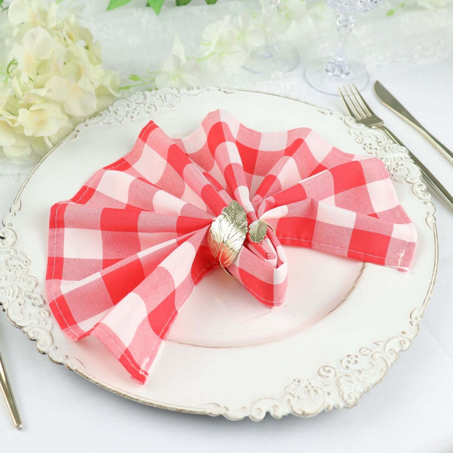5 Pack Polyester 15"x15" Napkins Red/White Buffalo Plaid Gingham Style Cloth Napkins
