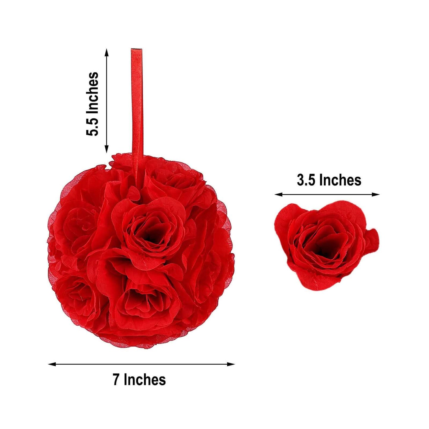 2 Pack 7" Red Artificial Silk Rose Kissing Ball, Faux Flower Ball