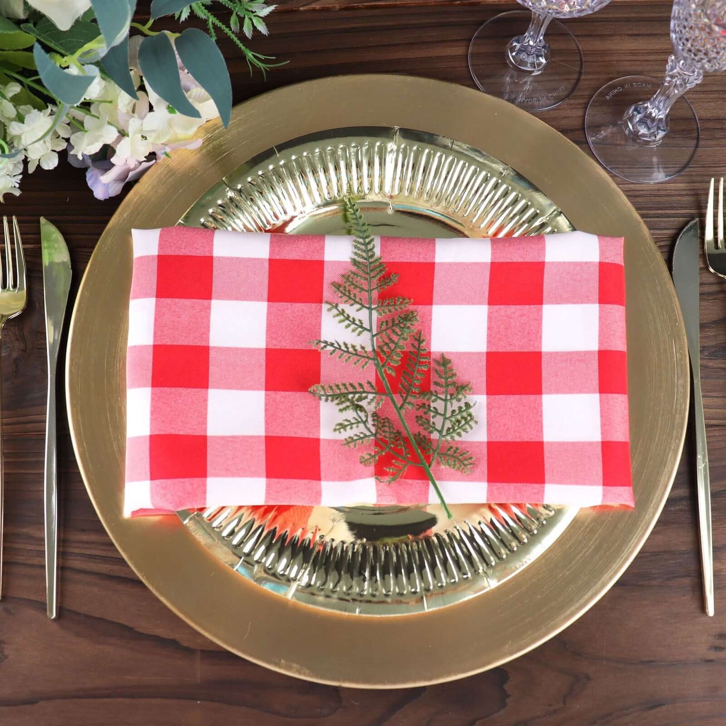 5 Pack Polyester 15"x15" Napkins Red/White Buffalo Plaid Gingham Style Cloth Napkins