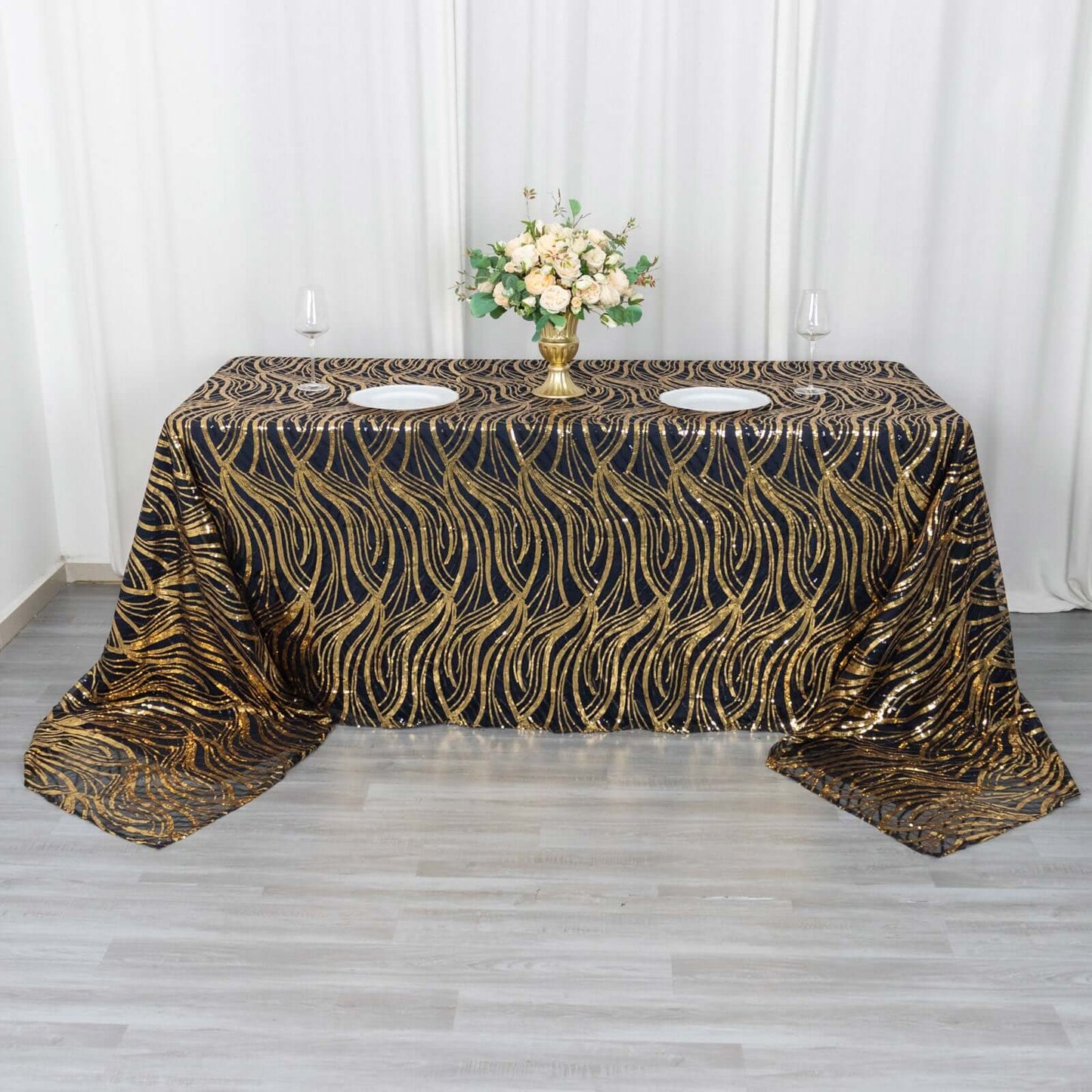 Mesh 90"x156" Rectangle Tablecloth Black/Gold - Wave Sequin Embroidered Table Cover