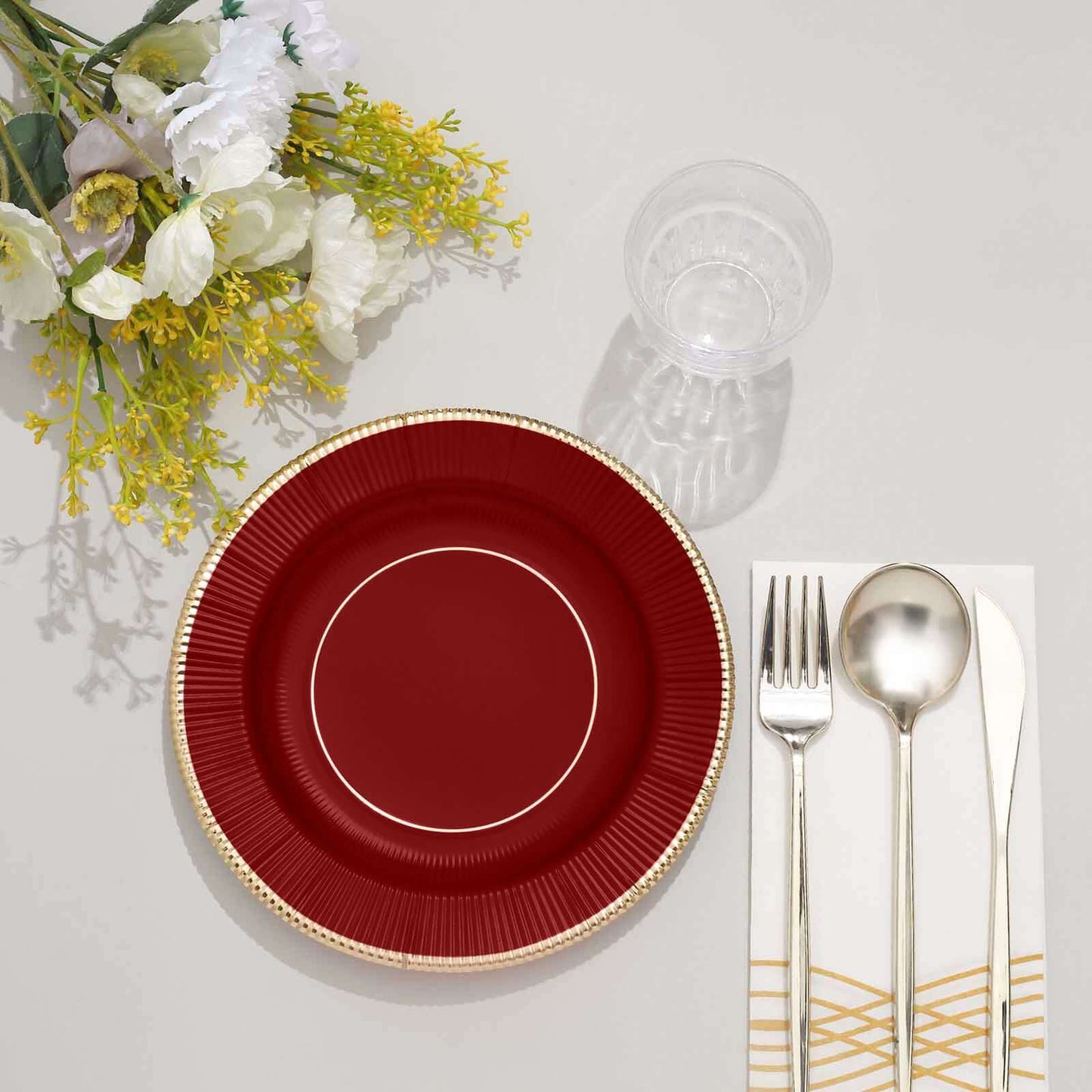 25-Pack Paper 8" Round Dessert Plates in Burgundy Sunray Design with Gold Rim - Disposable Heavy Duty 350GSM Appetizer Salad Plates