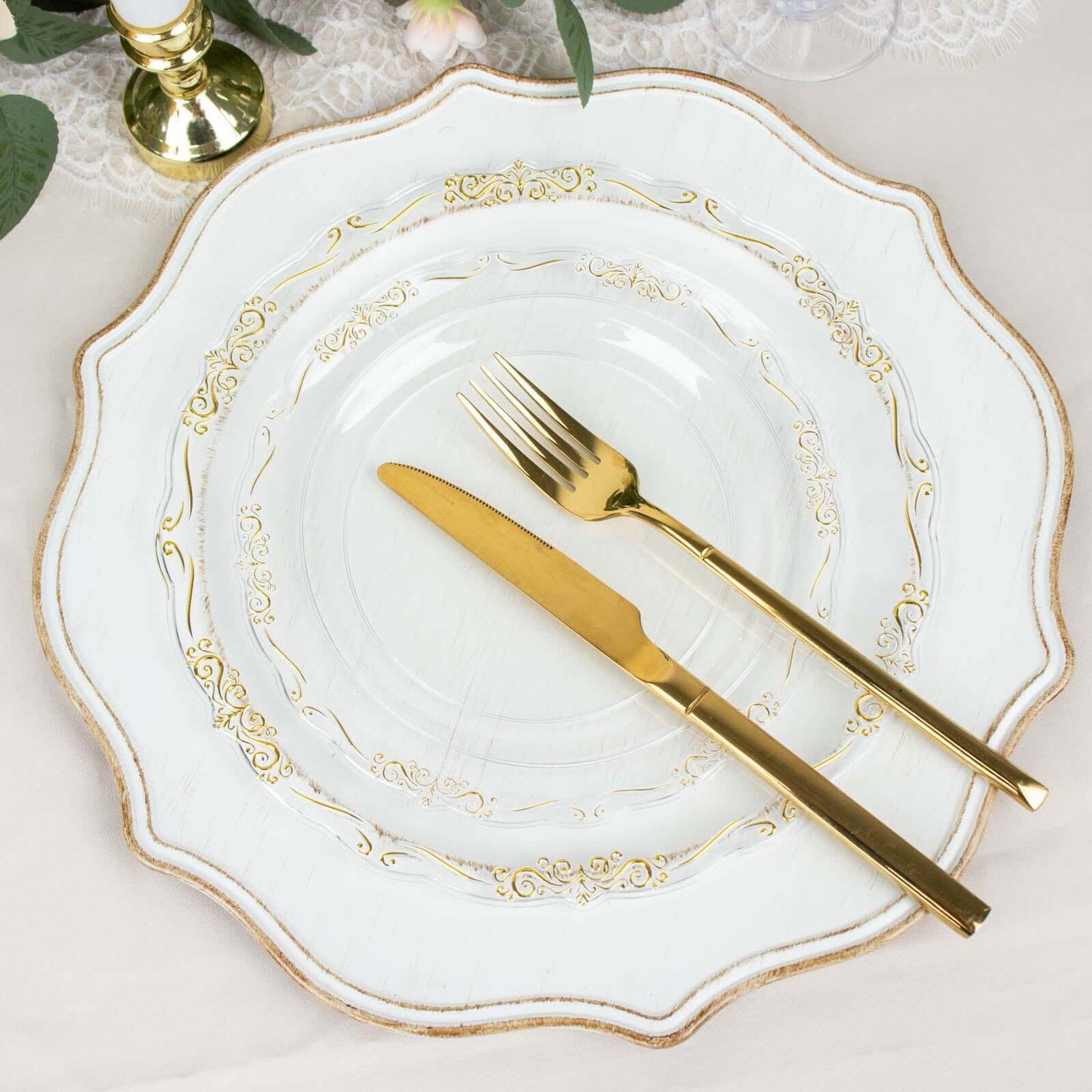 10-Pack Plastic 7" Round Dessert Plates in Clear with Gold Vintage Embossed Rim - Sturdy Disposable Scalloped Edge Salad Plates for Sophisticated Events & Celebrations