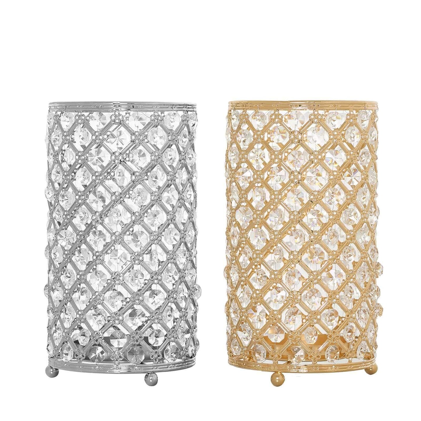 2-Pack Metal Crystal Beaded Pillar Holders Metallic Silver - Versatile Stem Vase Set for Decor 9"