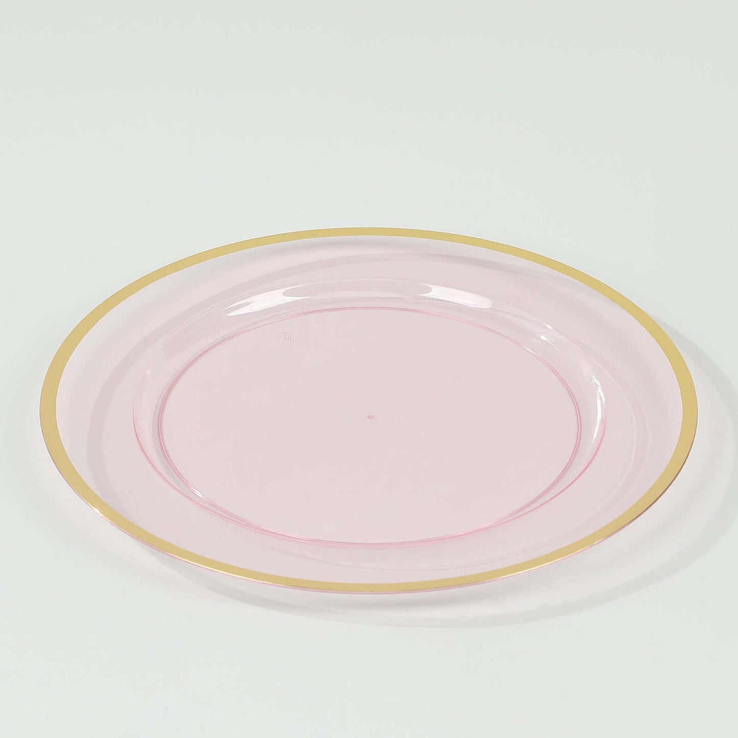 10-Pack Economy Plastic Round Charger Plates 12" in Transparent Blush with Wide Gold Rim, Decorative Dinner Party Serving Plates