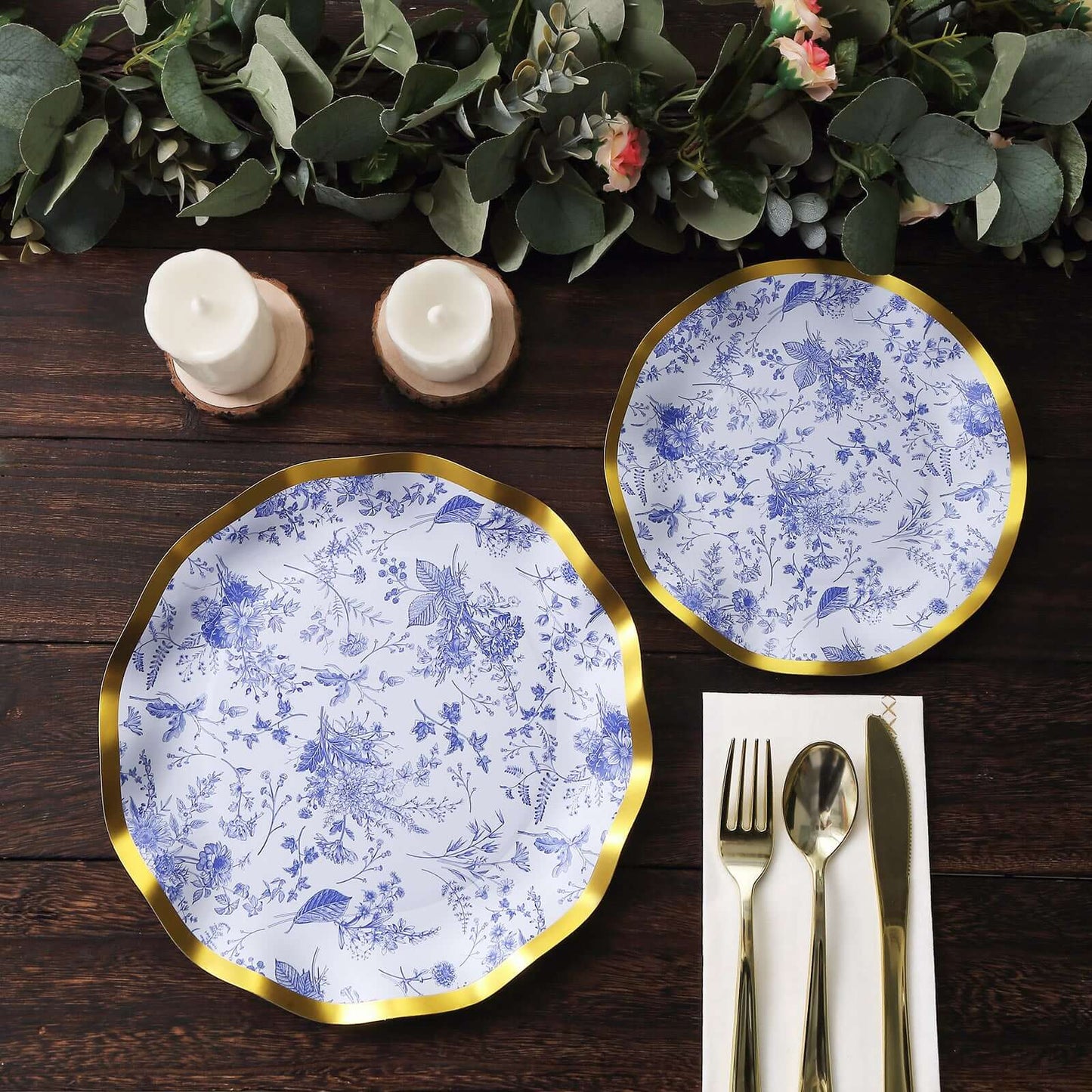 25-Pack Paper Round Dessert Plates 8" in White with Blue French Toile Pattern & Gold Wavy Rim - Disposable 350GSM Salad Plates