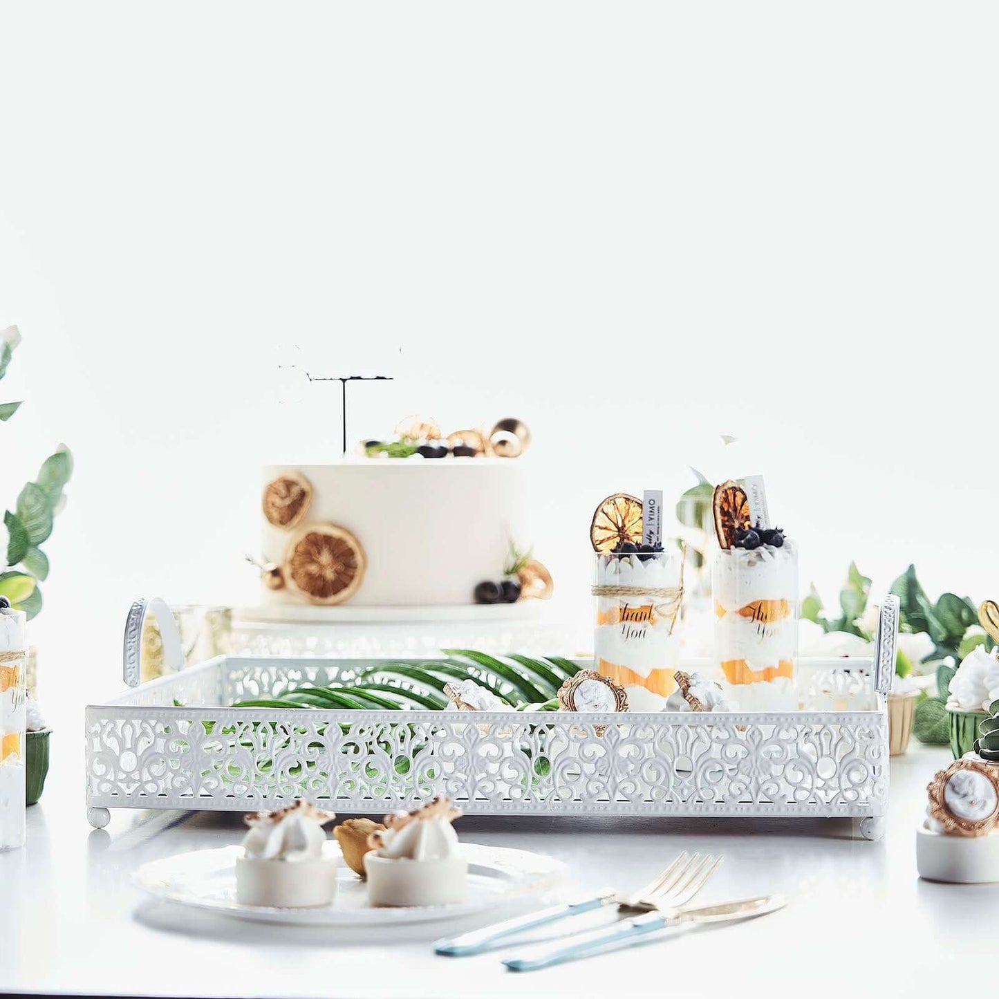 Metal Mirrored Rectangle Serving Tray 16"x12" in White Fleur De Lis Design with Handles, French Inspired Decorative Vanity Tray Centerpiece