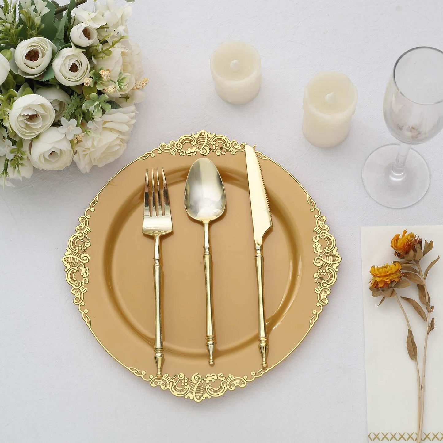 10-Pack Plastic 10" Round Dinner Plates in Gold with Leaf Embossed Rim - Disposable Vintage Baroque Style Plates for Luxurious Gatherings & Events