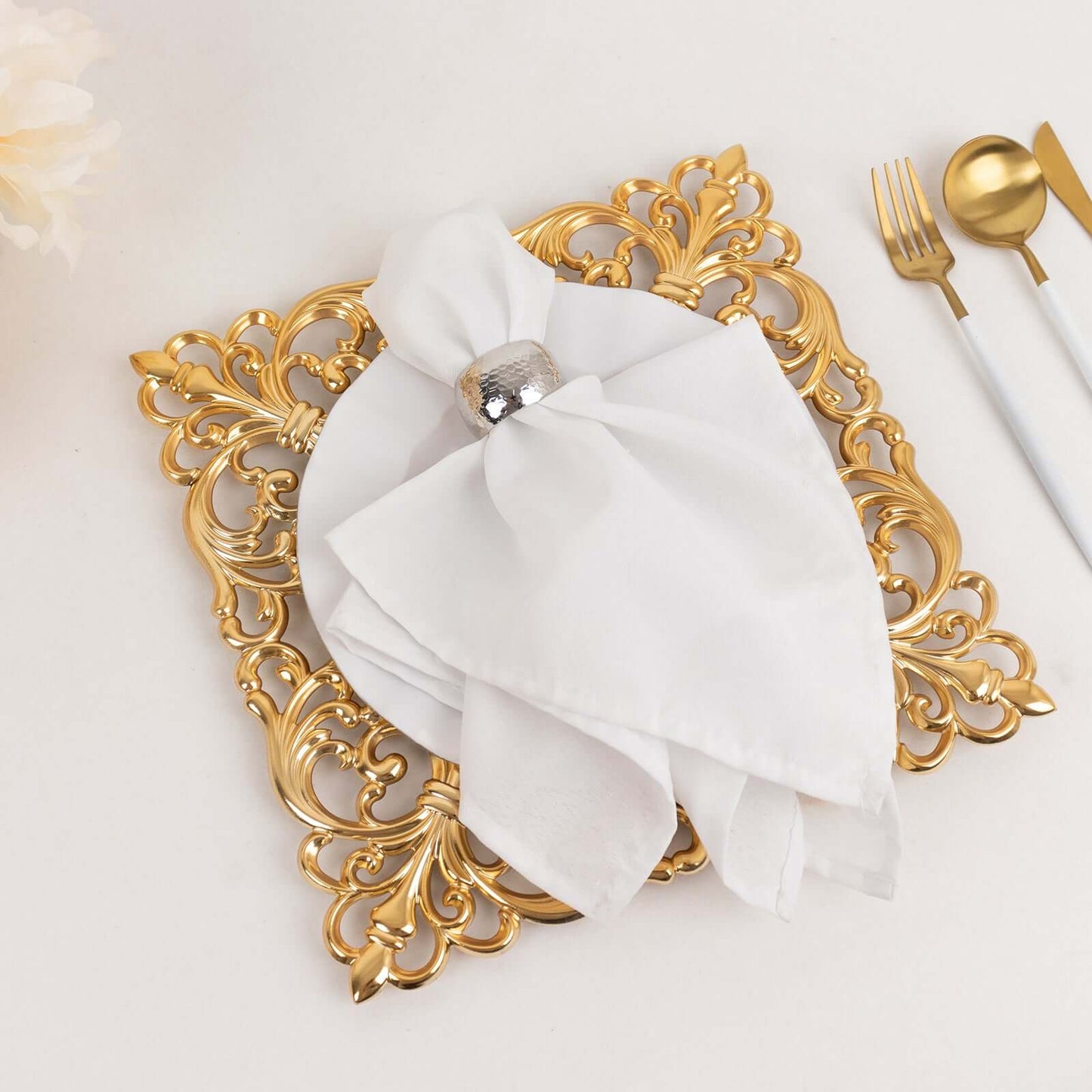 6-Pack Acrylic Square Charger Plates 12" in Gold with Hollow Lace Border, Event Tabletop Decorative Charger Tableware