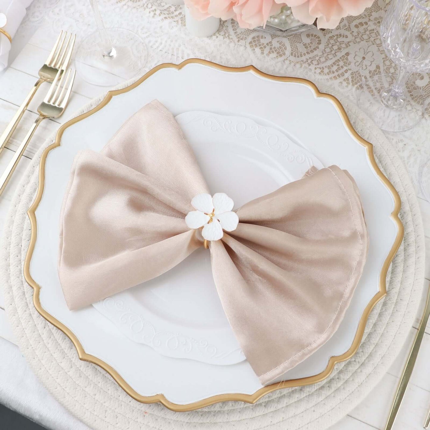 4 Pack White and Gold Metal Flower Napkin Rings, Floral Serviette Buckle Napkin Holder Set - Plum Blossom Design