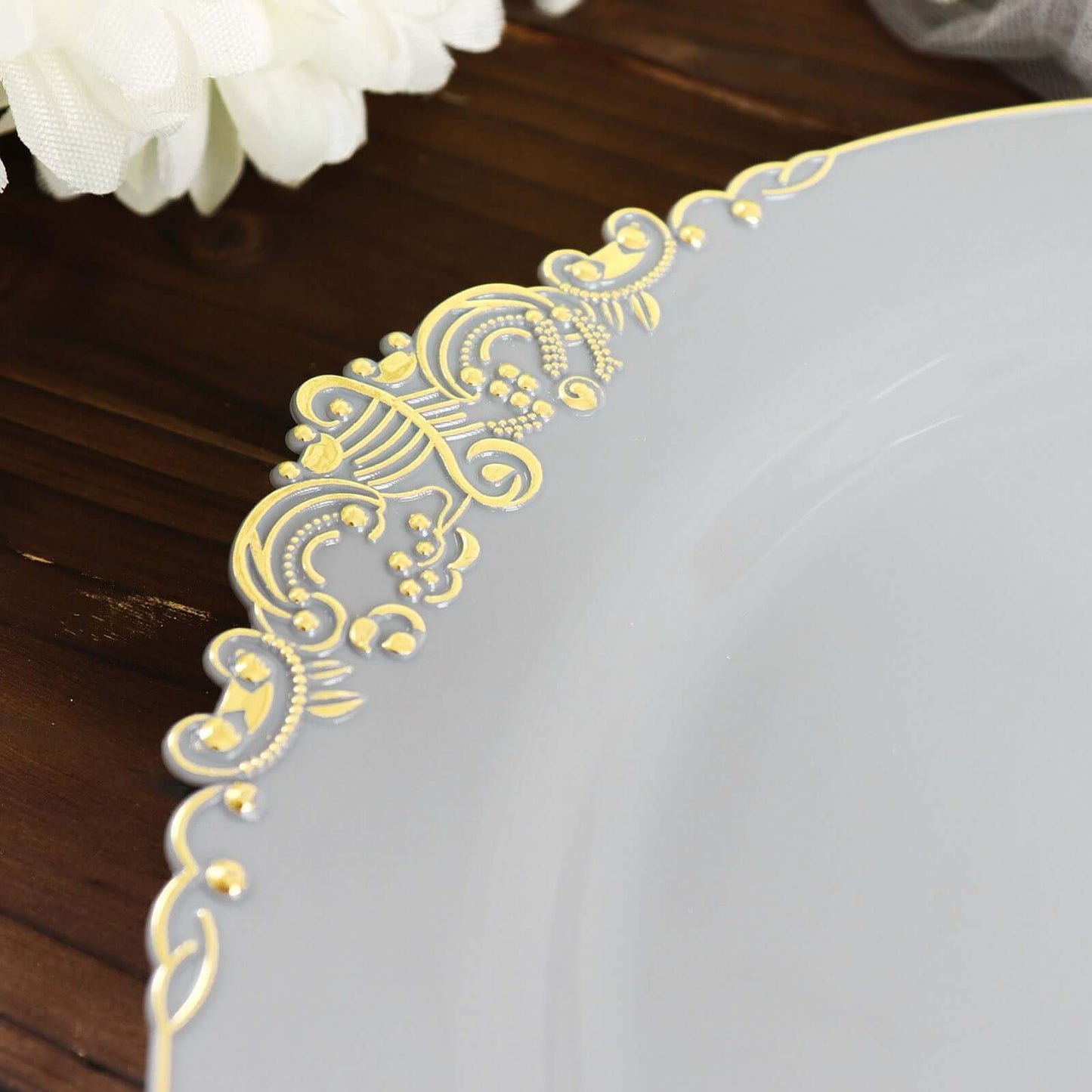 10-Pack Plastic 10" Round Dinner Plates in Gray with Gold Leaf Embossed Rim - Disposable Vintage Baroque Style Plates