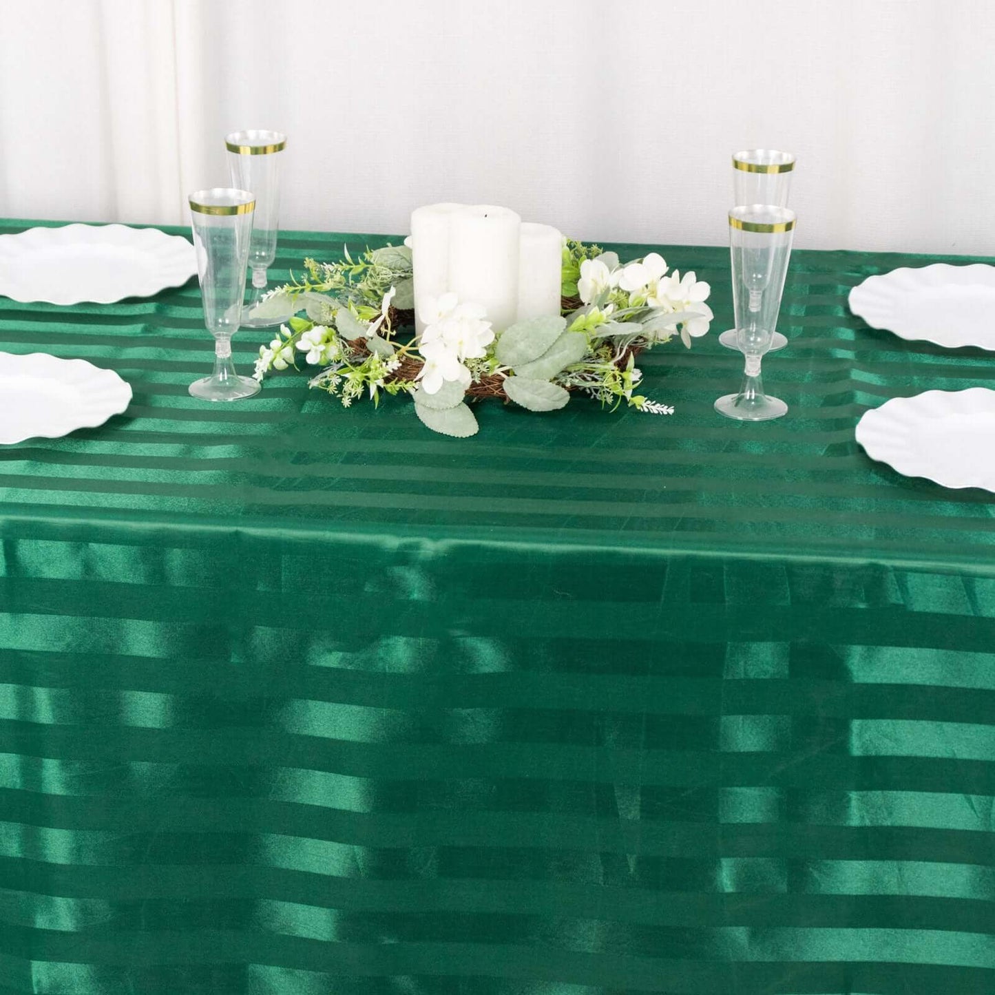 Satin Striped 90"x132" Rectangular Tablecloth Hunter Emerald Green - Seamless Silky Smooth Table Cover